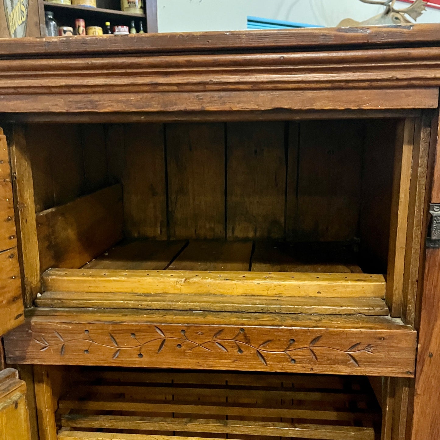 Antique Primitive c1880s Wooden Ice Box Cabinet w/ Orante Spoon Carvings