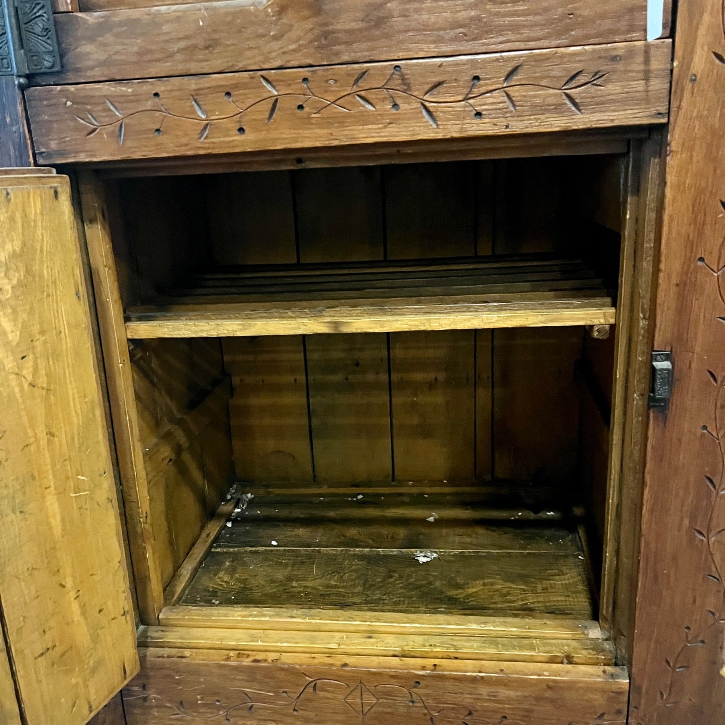 Antique Primitive c1880s Wooden Ice Box Cabinet w/ Orante Spoon Carvings