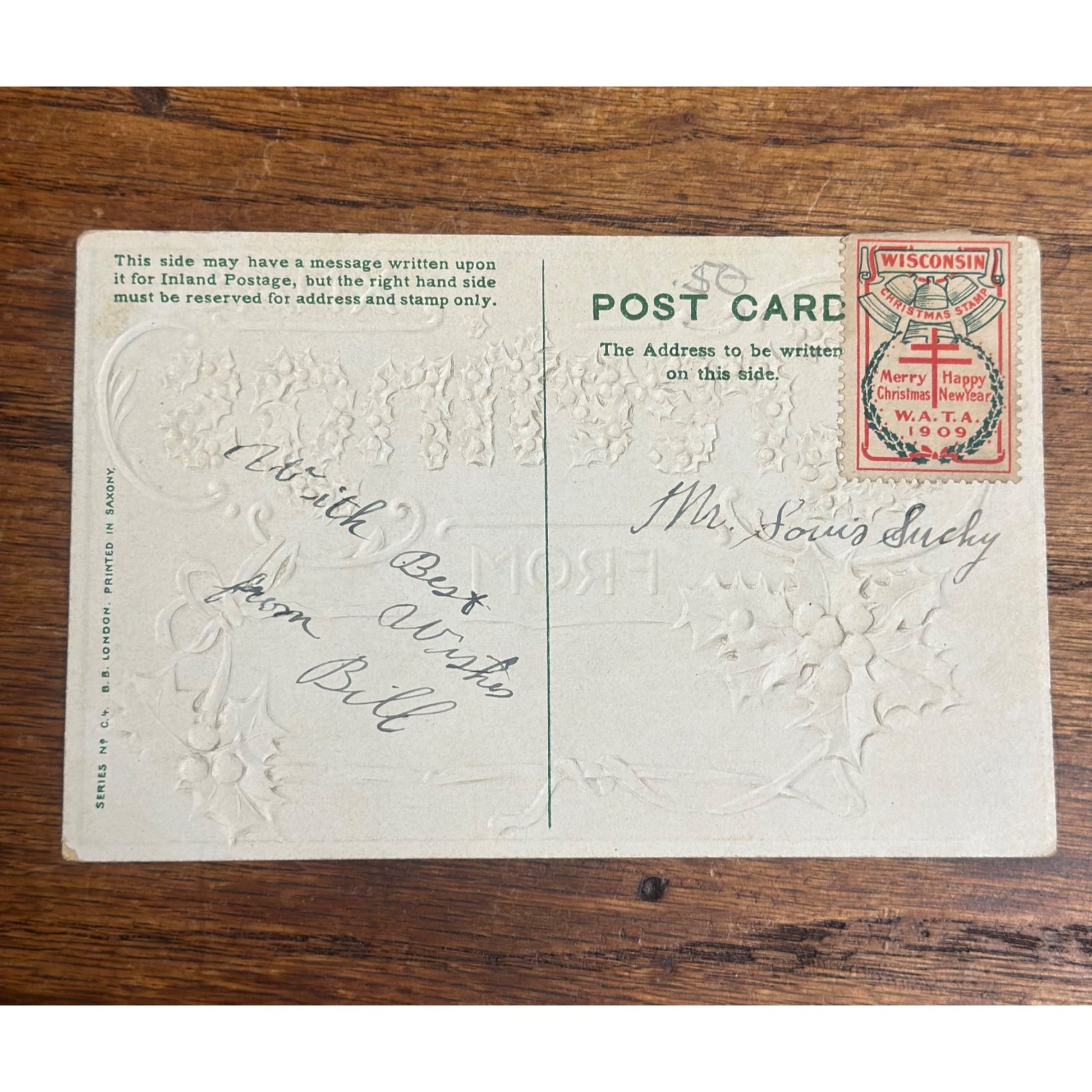 Vintage 1909 Christmas Postcard w/ Christmas Seal Tied WATA Wisconsin Health Guard