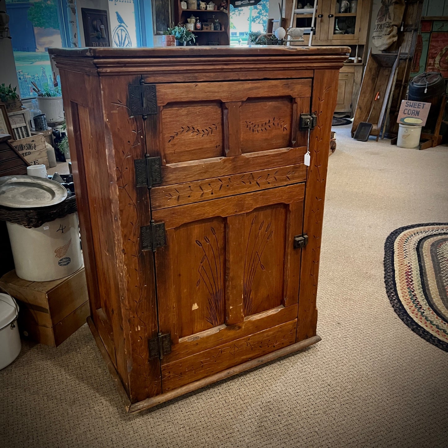 Antique Primitive c1880s Wooden Ice Box Cabinet w/ Orante Spoon Carvings