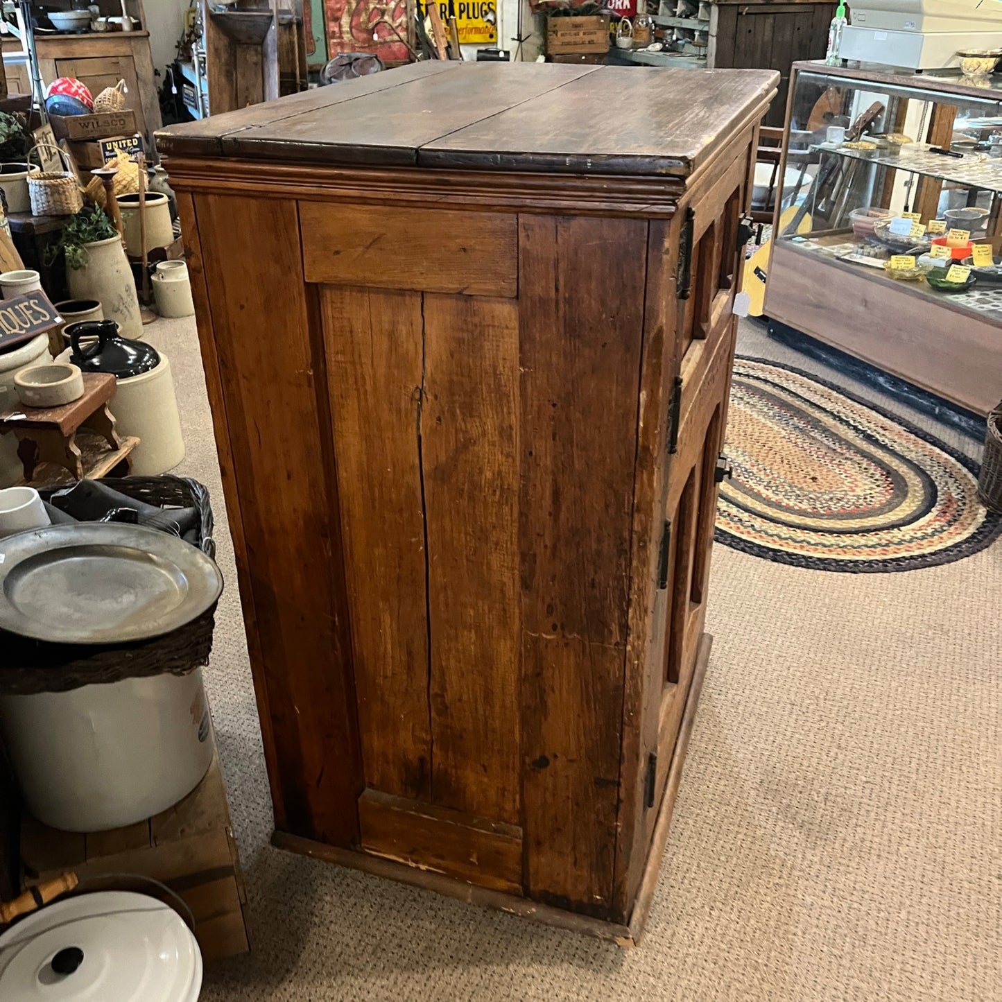 Antique Primitive c1880s Wooden Ice Box Cabinet w/ Orante Spoon Carvings