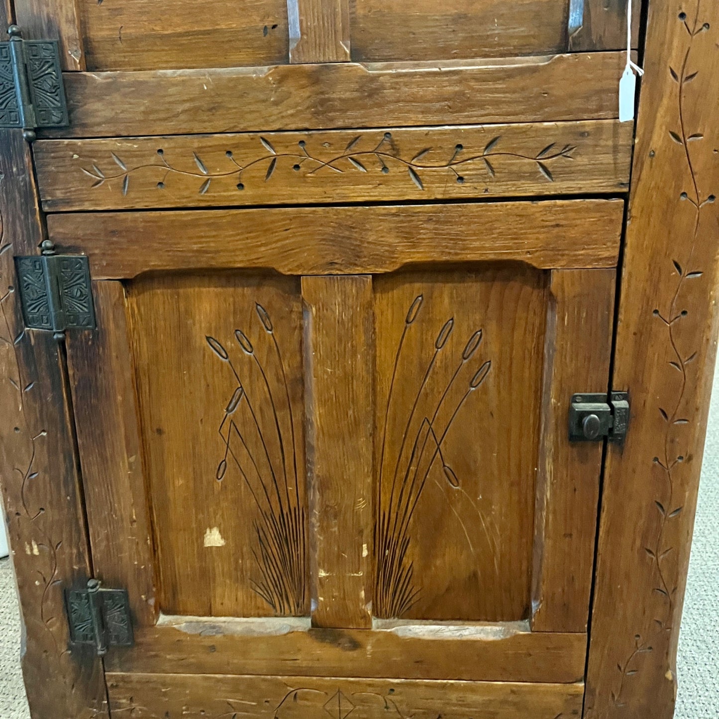 Antique Primitive c1880s Wooden Ice Box Cabinet w/ Orante Spoon Carvings