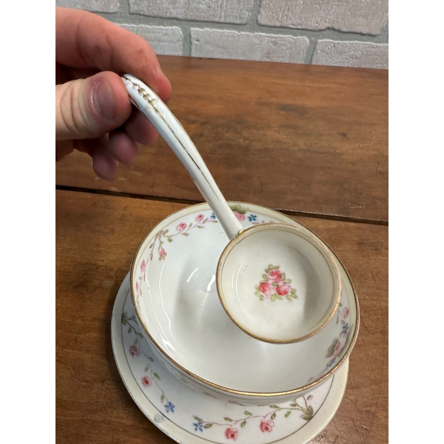 Vintage Nippon Hand Painted Condiment Mayo Bowl w/ Ladle + Plate Platter Pink Rose