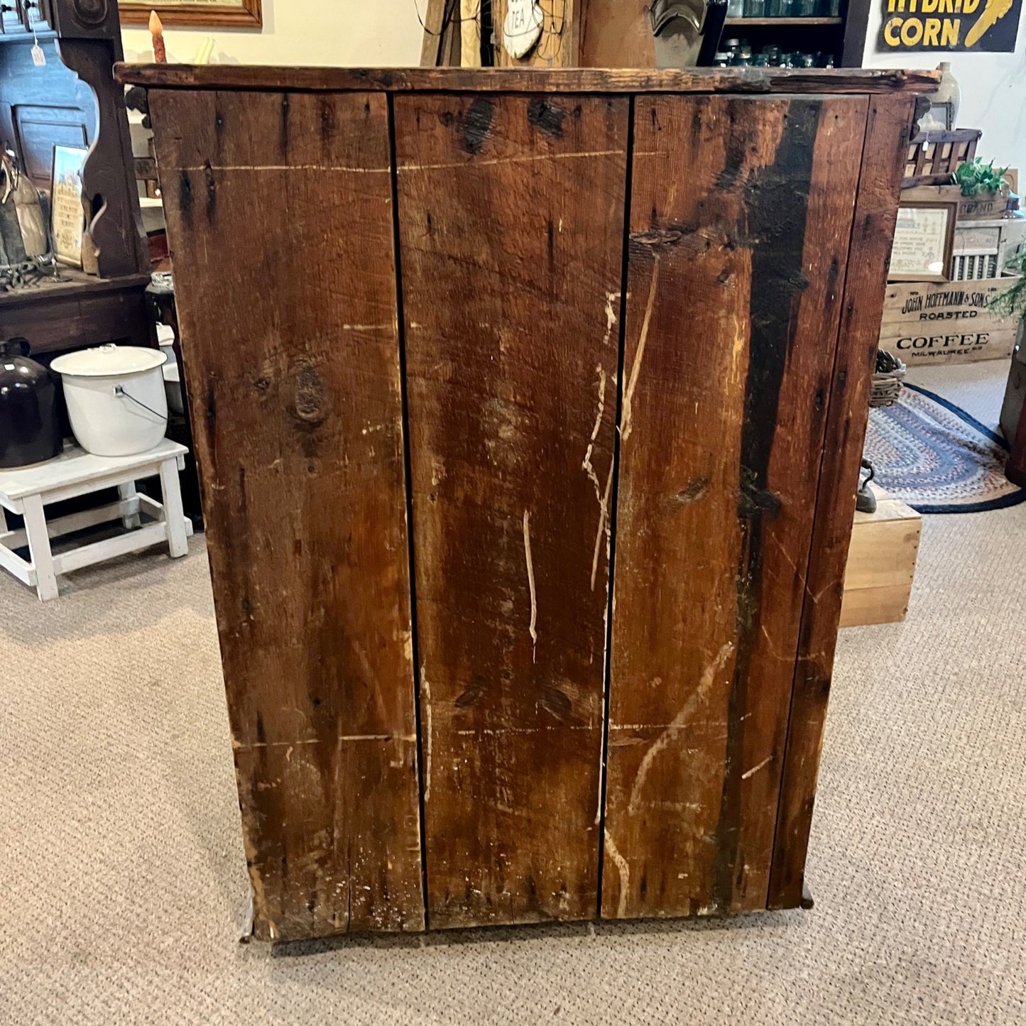 Antique Primitive c1880s Wooden Ice Box Cabinet w/ Orante Spoon Carvings