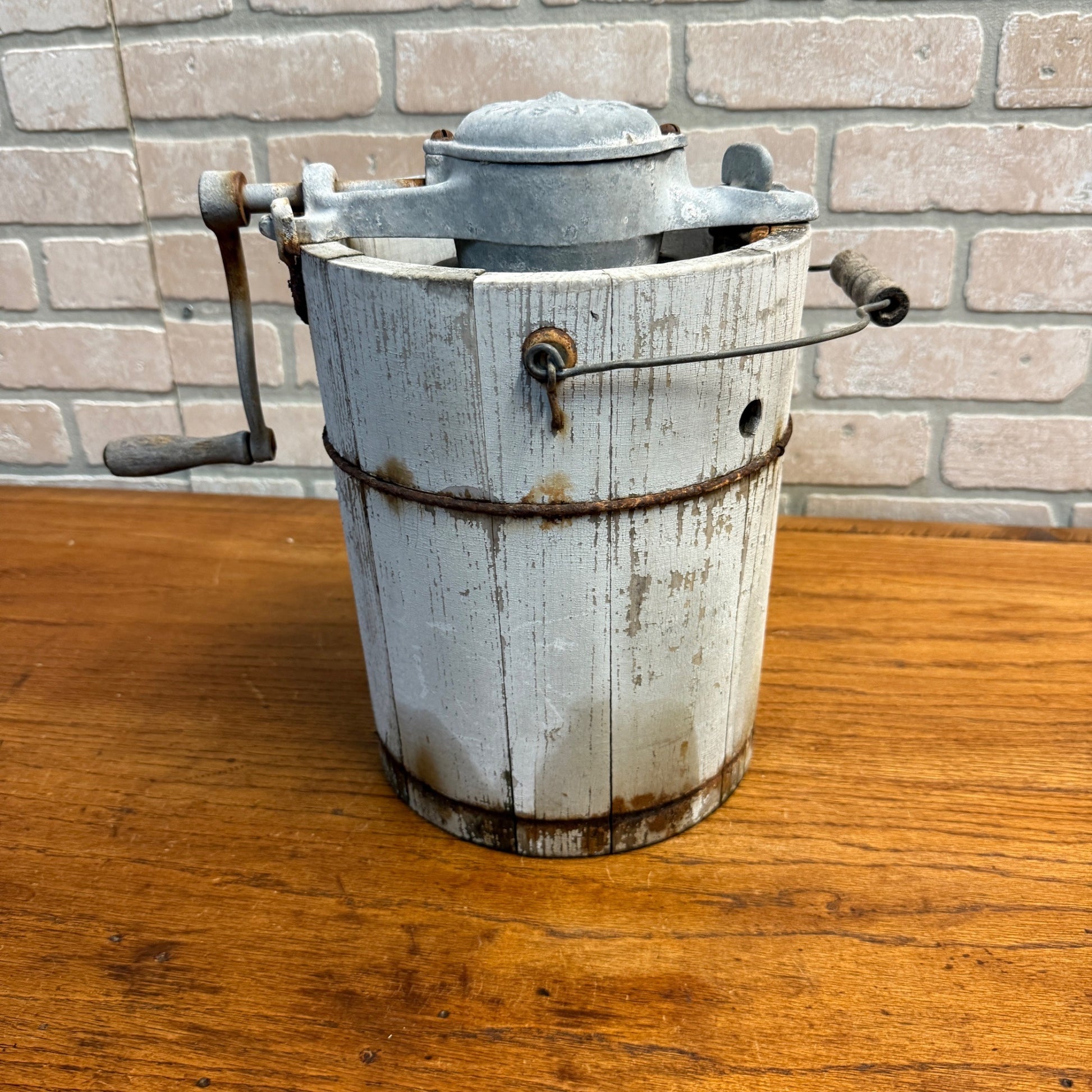 Antique Primitive Alaska Freezer Hand Crank Ice Cream Maker Farmhouse White