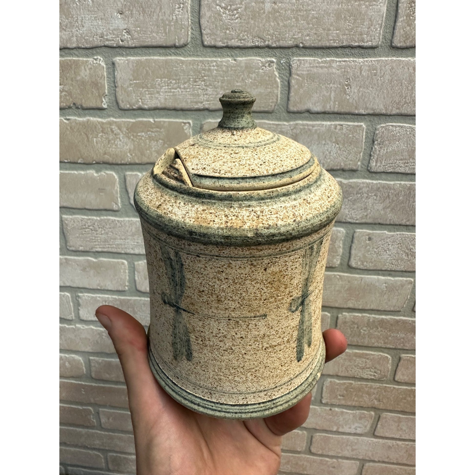Vintage Dragonfly Art Pottery Lidded Mustard Jar Stoneware Glazed Primitive Farmhouse