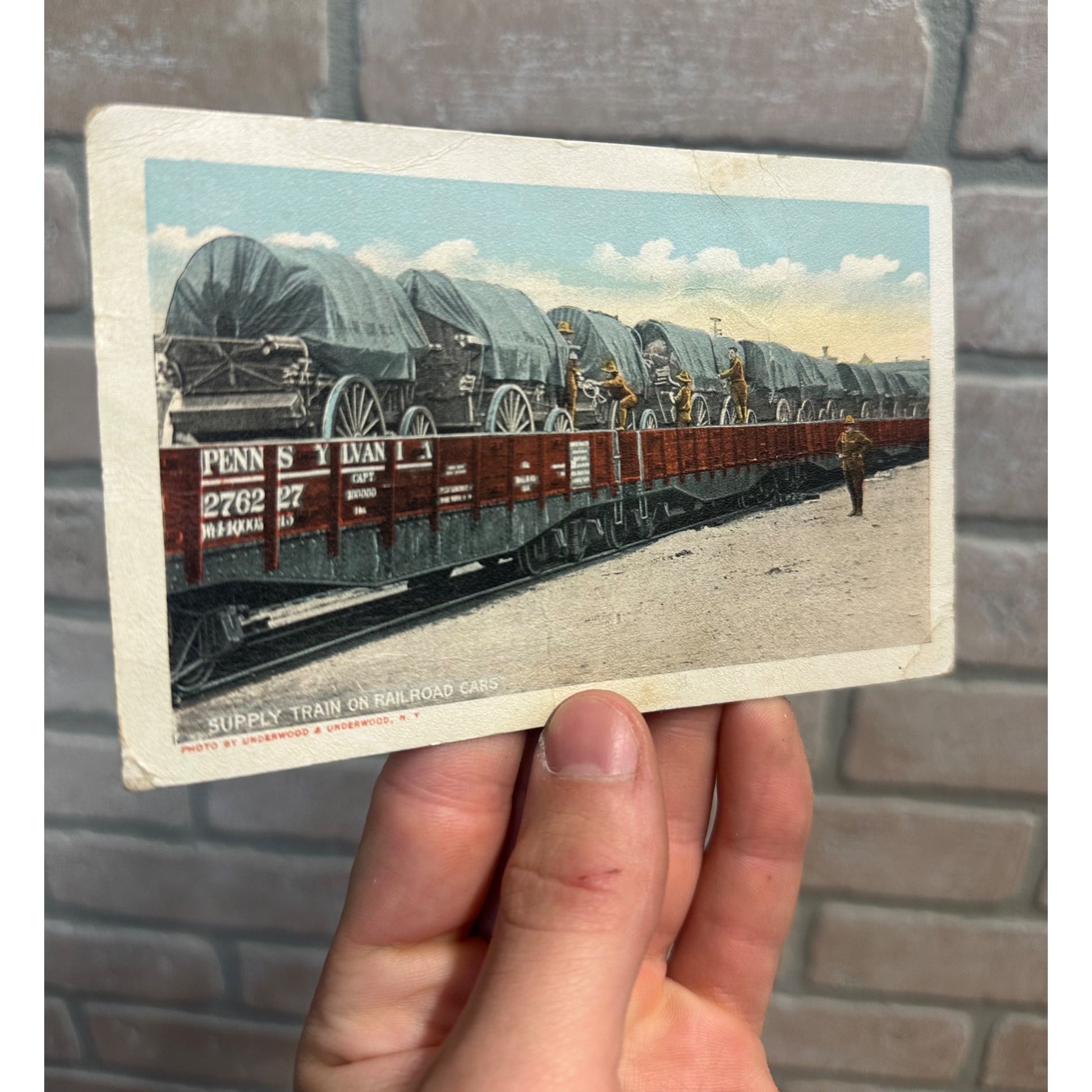 Antique WWI Era Postcard Supply Train on Railroad Cars Underwood & Underwood