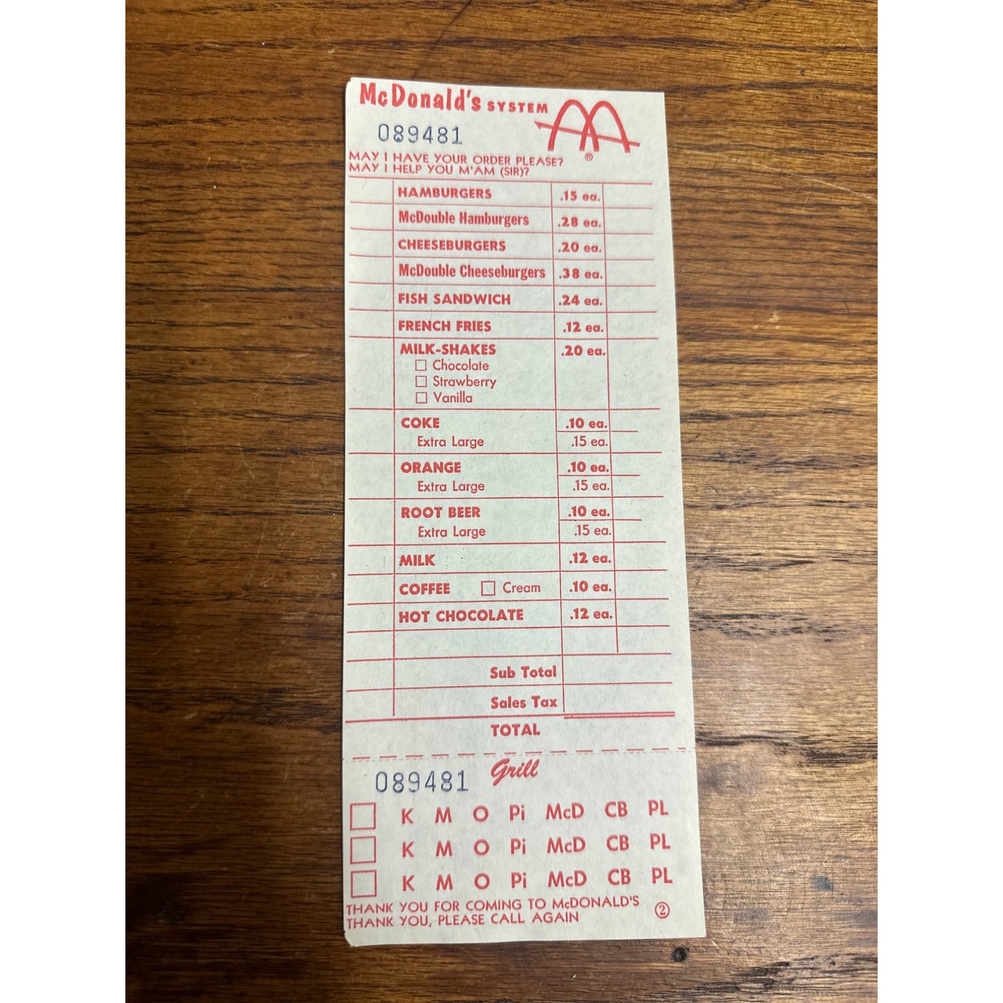 RARE Vintage 1960s McDonalds System Food Order Paper Receipt Slash M Logo