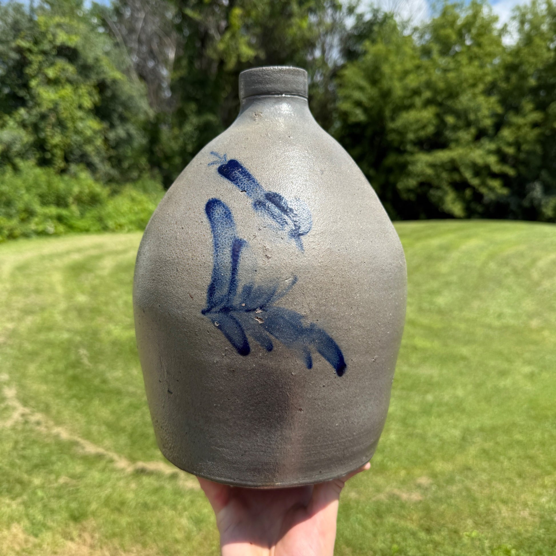 Antique Early Ovoid Stoneware Jug Crock Pennsylvania Cobalt Details Maple Syrup