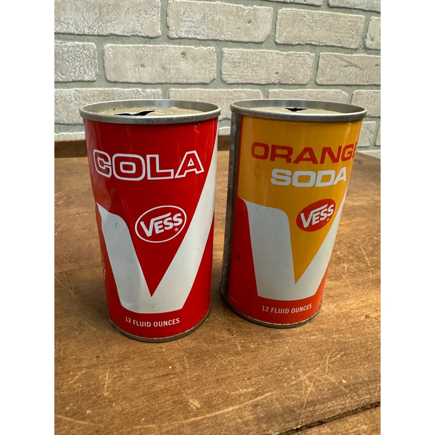 Vintage Vess Soda Pop Cans (2) Cola + Orange Steel Pull Tab Flat Top