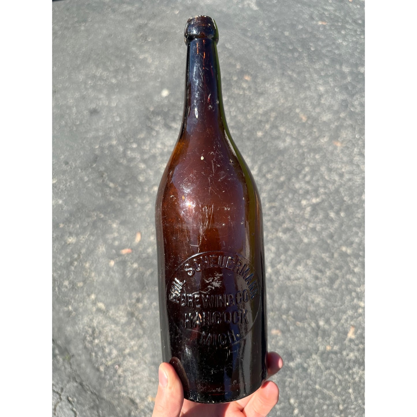 Vintage Quart Phil Scheuermann Brewery Hancock Michigan Beer Bottle 12"