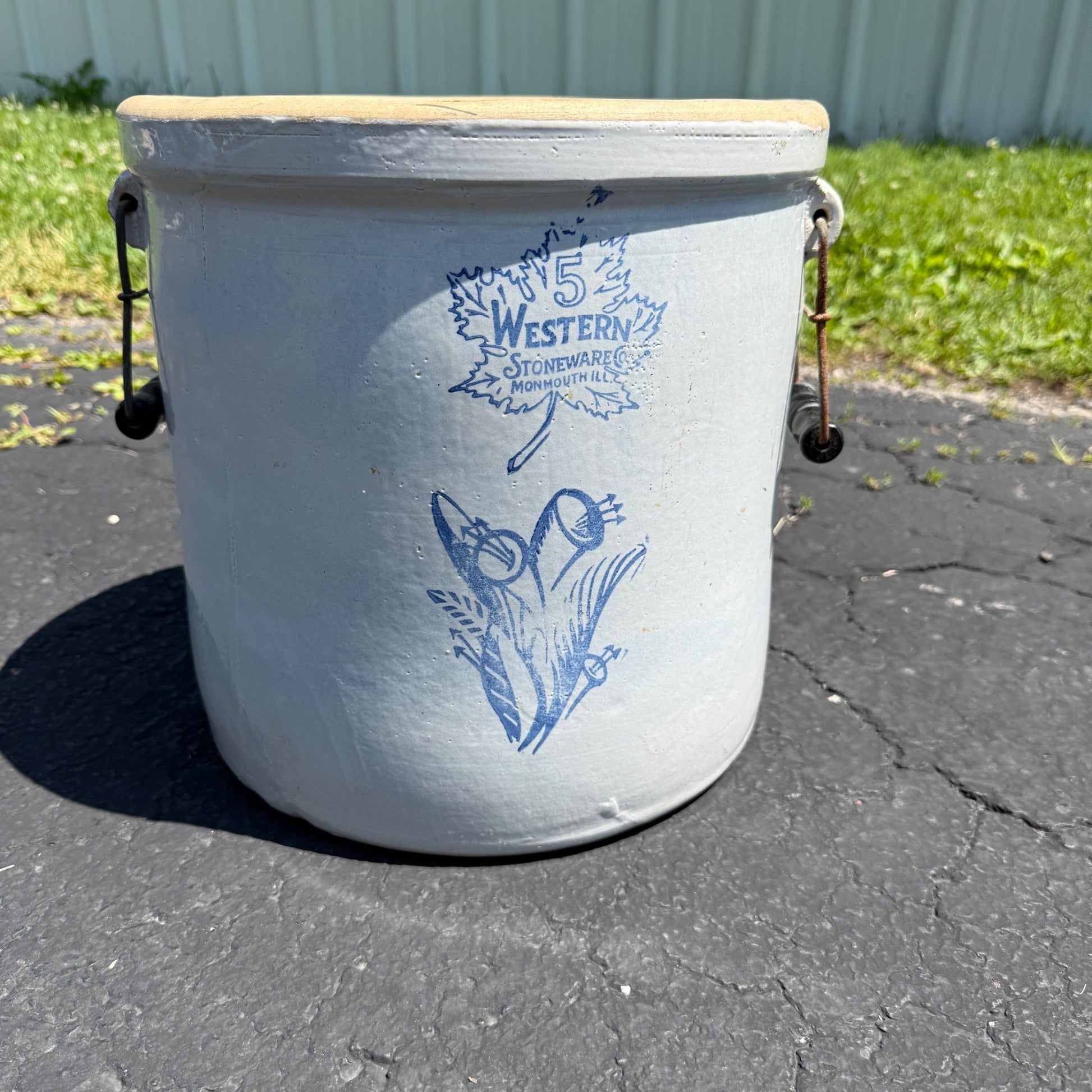 Vintage 5 Gallon Western Stoneware Lily Crock W/ Bail Handles