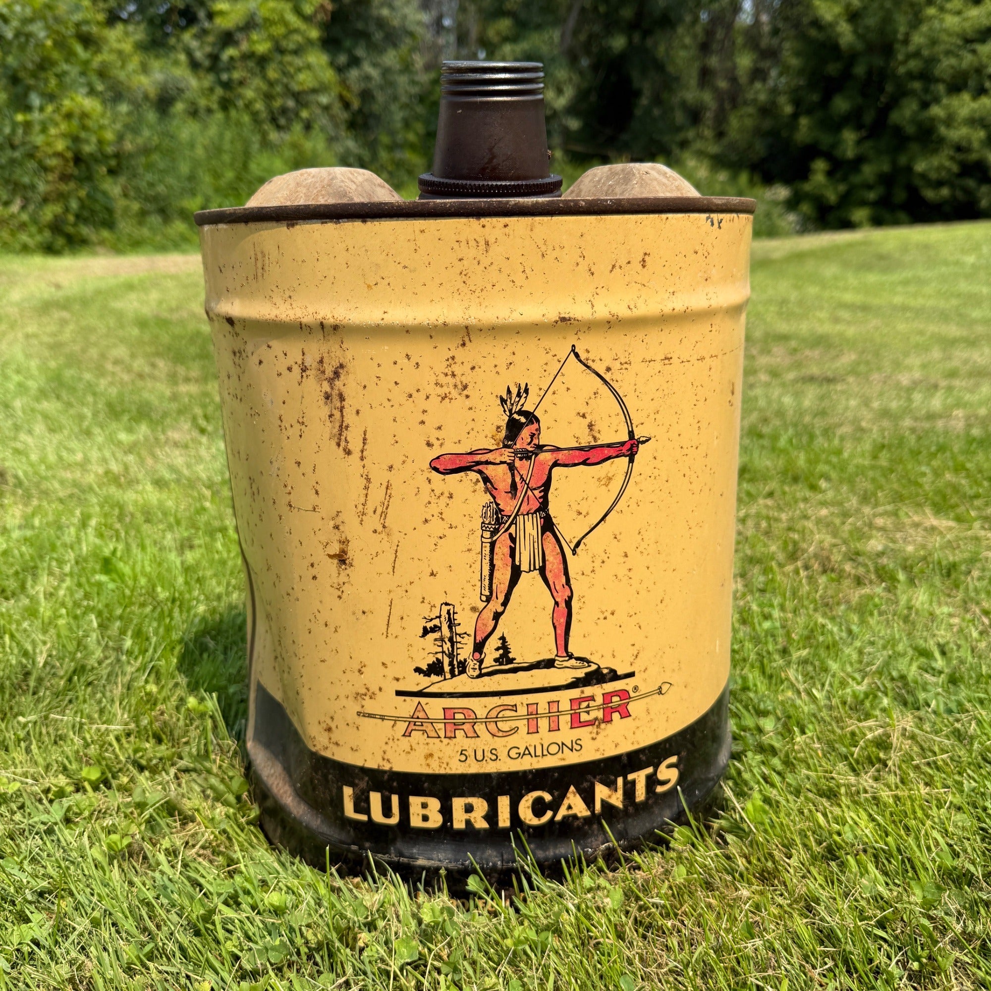 Vintage Archer Lubricants 5 Gallon Oil Metal Can Native American Gas Oil
