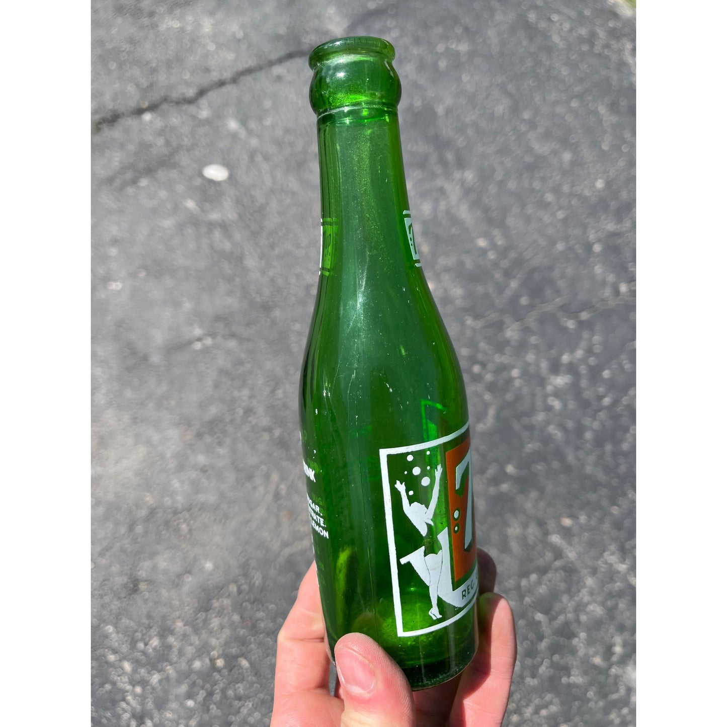 Vintage 7Up Seven-Up Glass Soda Bottle 7oz Swimmer Girl Tulsa OK Oklahoma