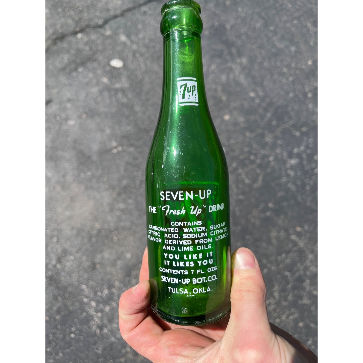 Vintage 7Up Seven-Up Glass Soda Bottle 7oz Swimmer Girl Tulsa OK Oklahoma