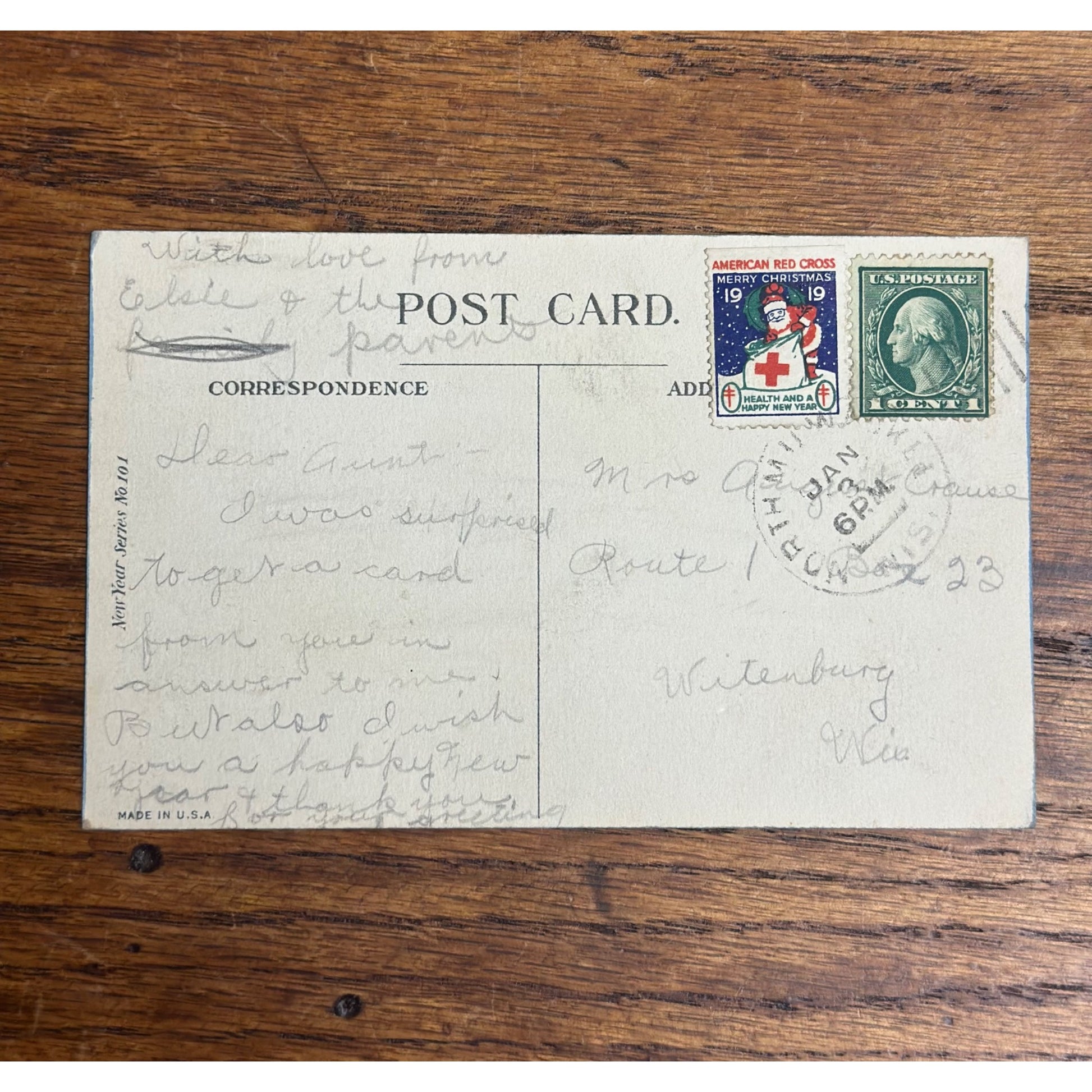 Vintage 1919 Christmas Postcard w/ Christmas Seal Tied American Red Cross