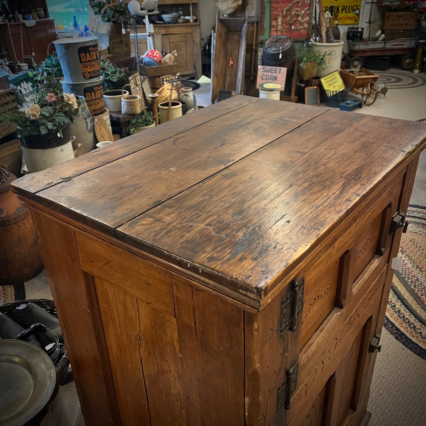 Antique Primitive c1880s Wooden Ice Box Cabinet w/ Orante Spoon Carvings