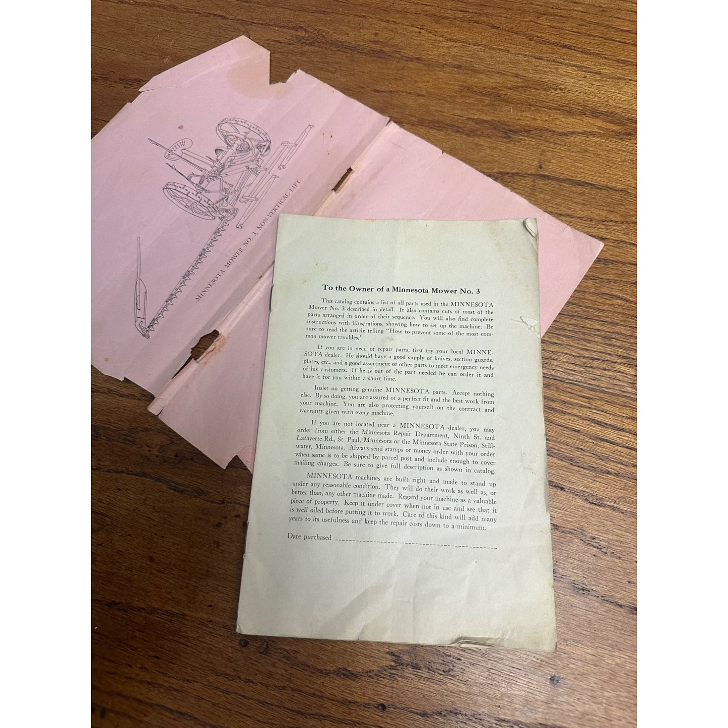 RARE 1930s Minnesota State Prison Mower Instruction / Parts Booklet Tractor Guide