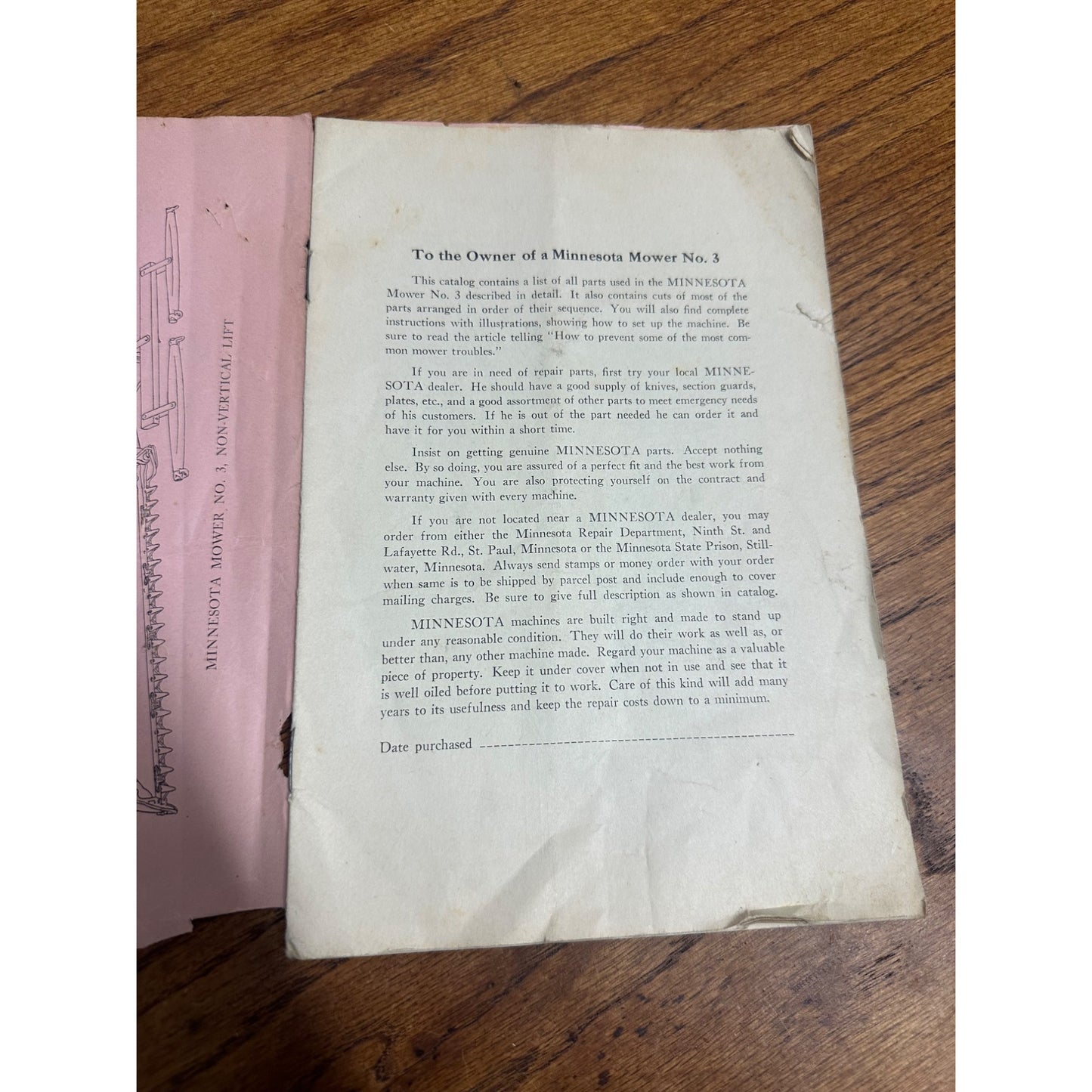 RARE 1930s Minnesota State Prison Mower Instruction / Parts Booklet Tractor Guide