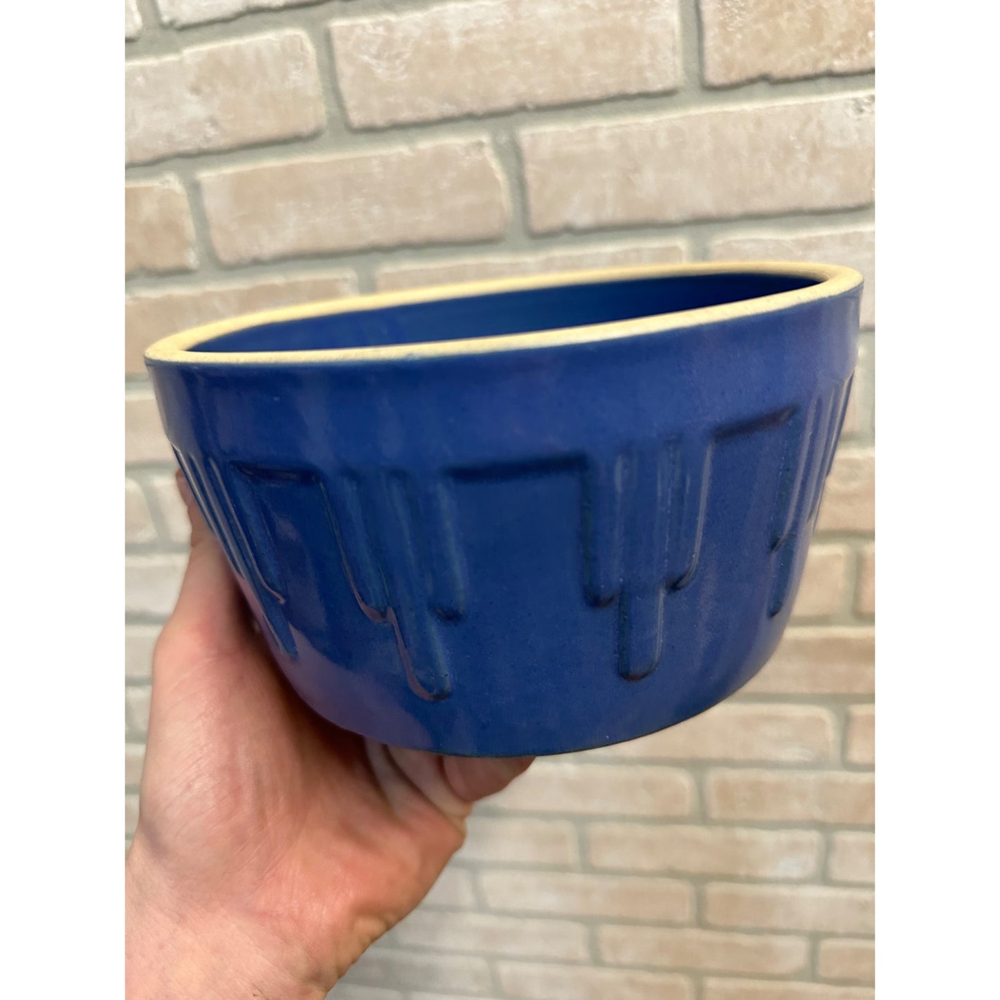 ANTIQUE PRIMITIVE RED WING STONEWARE BLUE CACTUS/ KILROY CROCK BOWL VINTAGE