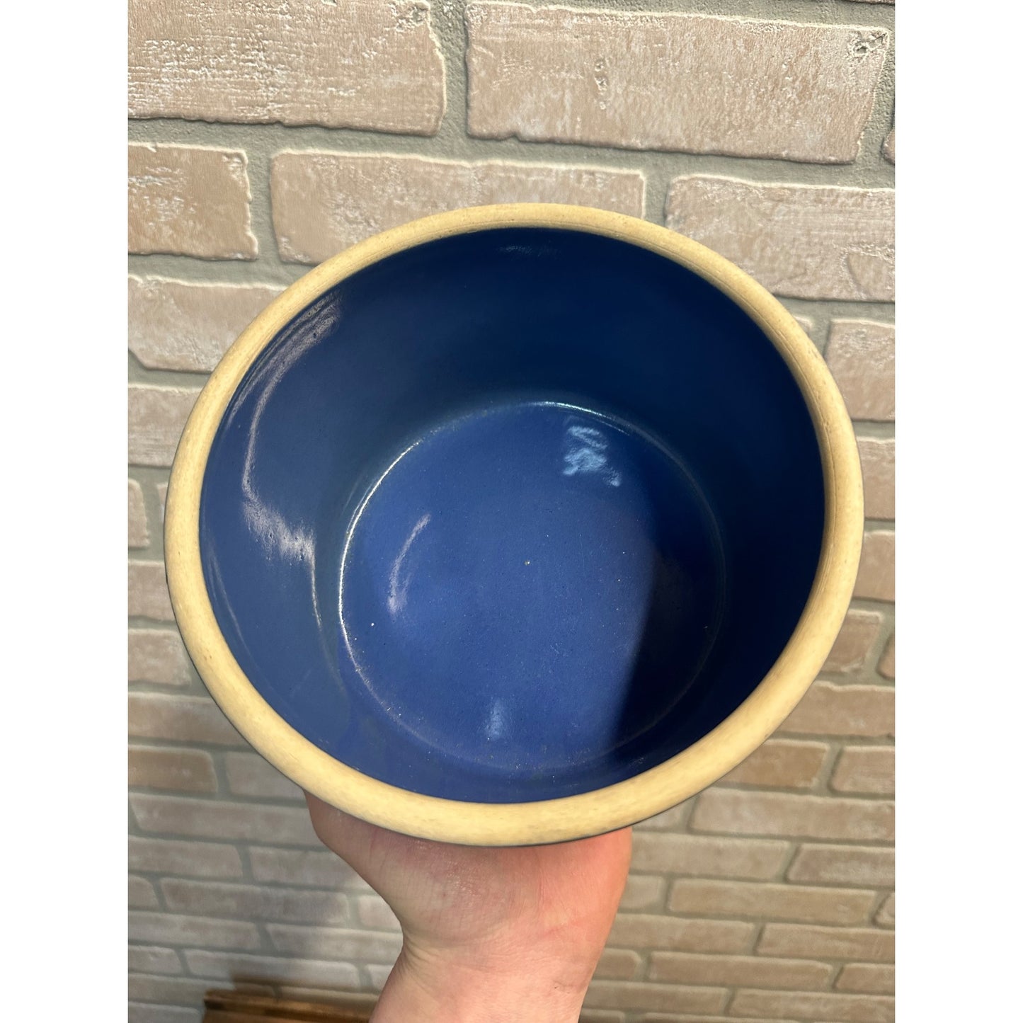 ANTIQUE PRIMITIVE RED WING STONEWARE BLUE CACTUS/ KILROY CROCK BOWL VINTAGE