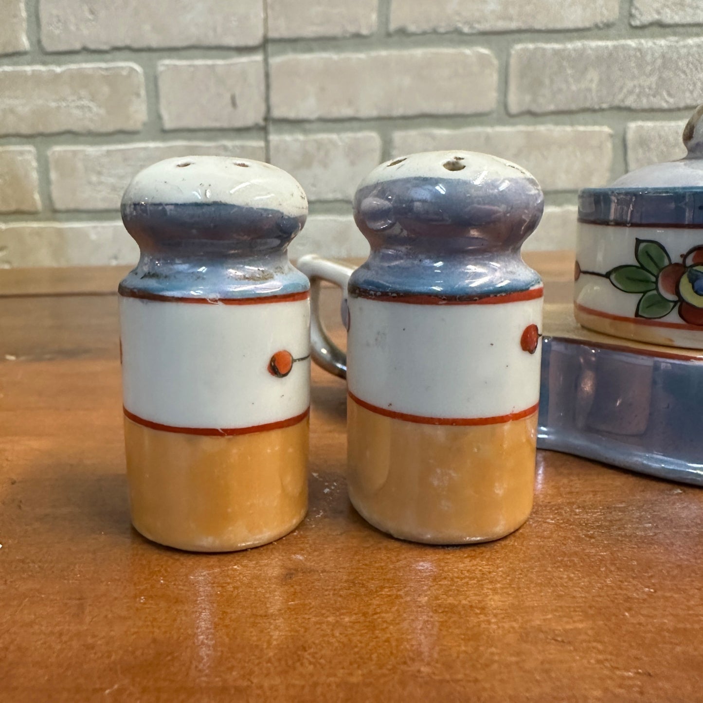 Vintage 1930s Takito Japan Lusterware Salt & Pepper & Mustard Set Floral