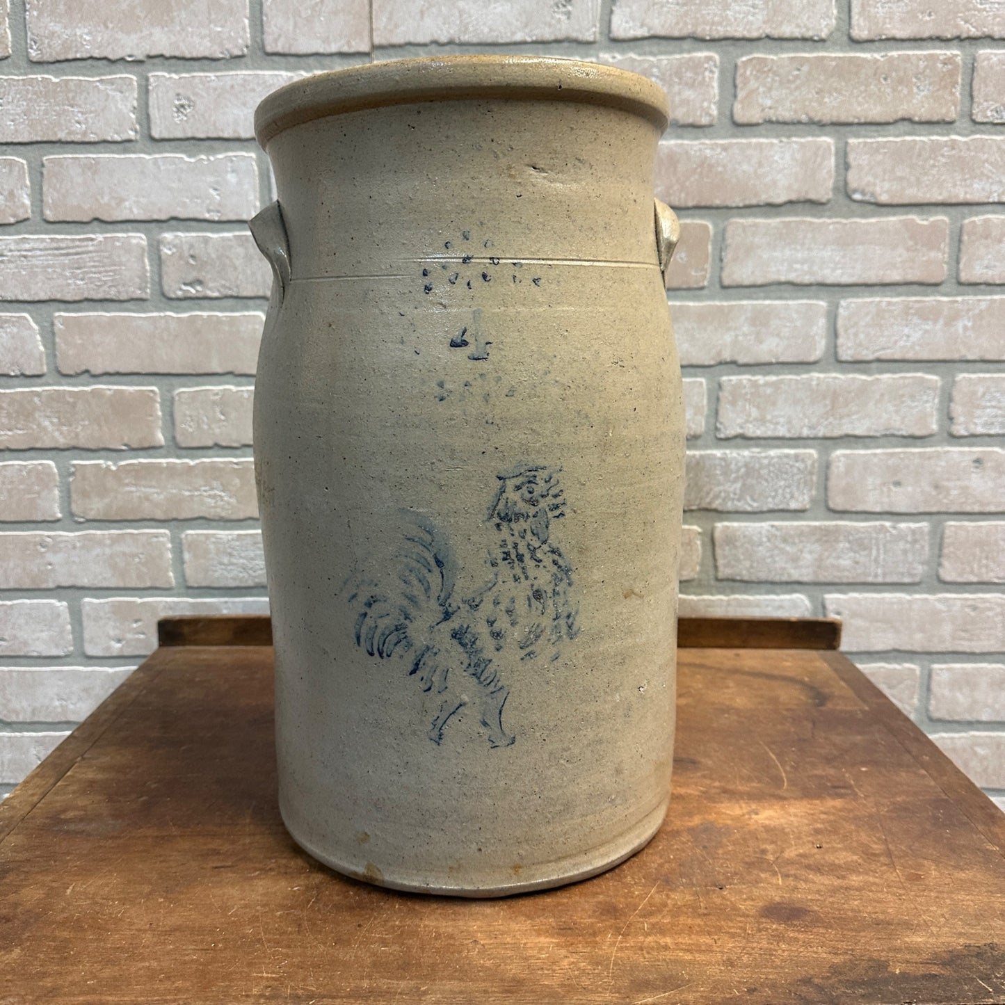 Antique Primitive Chicken Stencil Ohio Valley Butter Churn Stoneware Crock