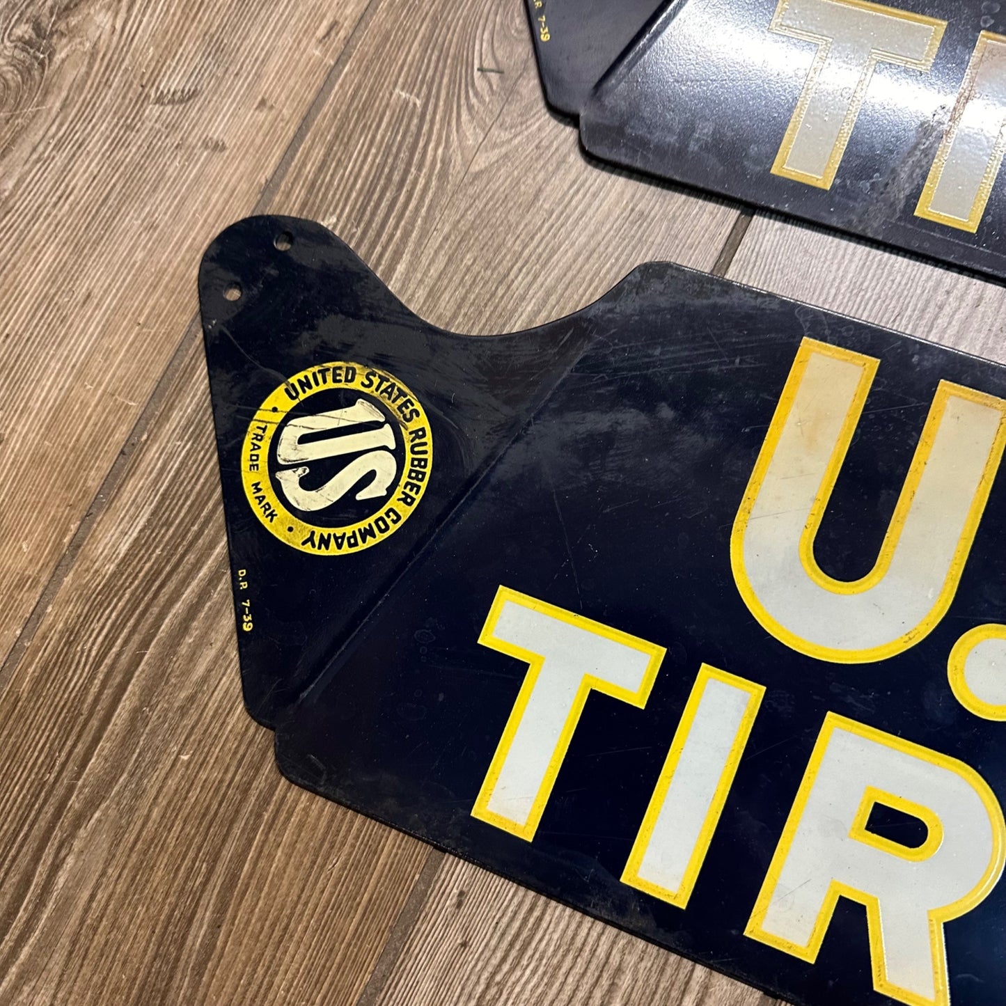Vintage 1939 United States Rubber Co. US Tires Rack Tin Advertising Signs Pair (2)