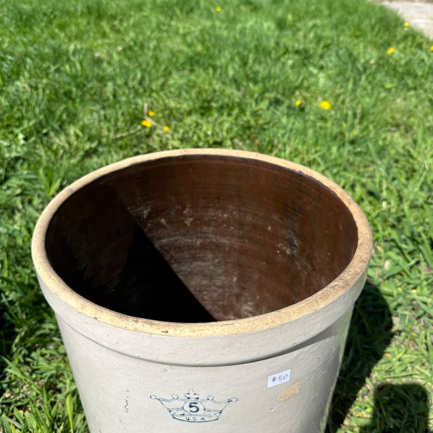 5 Gallon Robinson Ransbottom Stoneware Crock Crown Marked Roseville Ohio