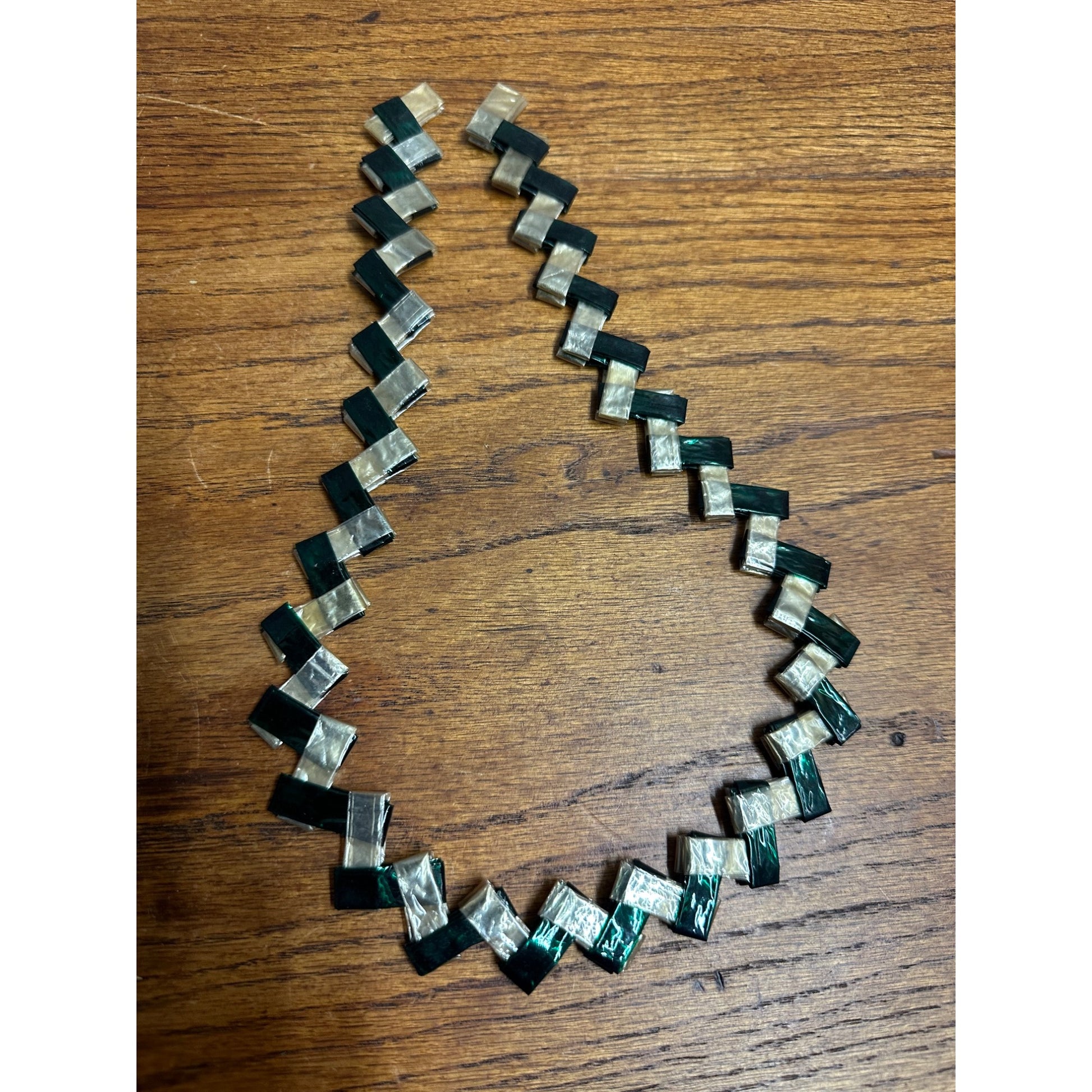Vintage c1930s Folk Art Wax Gum / Candy Wrapper Handmade Green & White Necklace