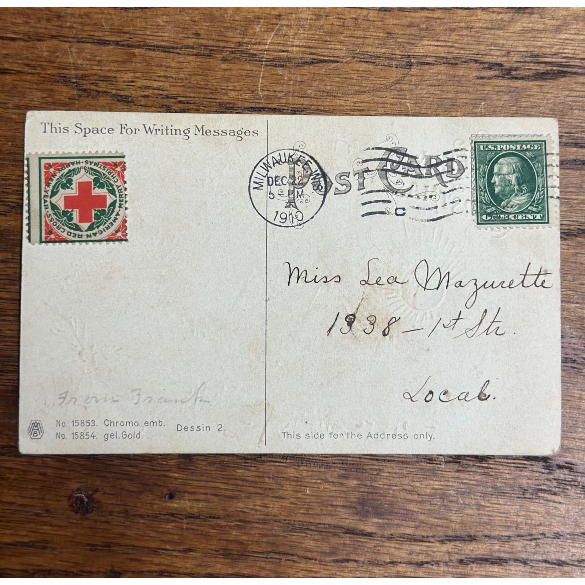 Vintage 1910 Christmas Postcard w/ Christmas Seal Tied American Red Cross