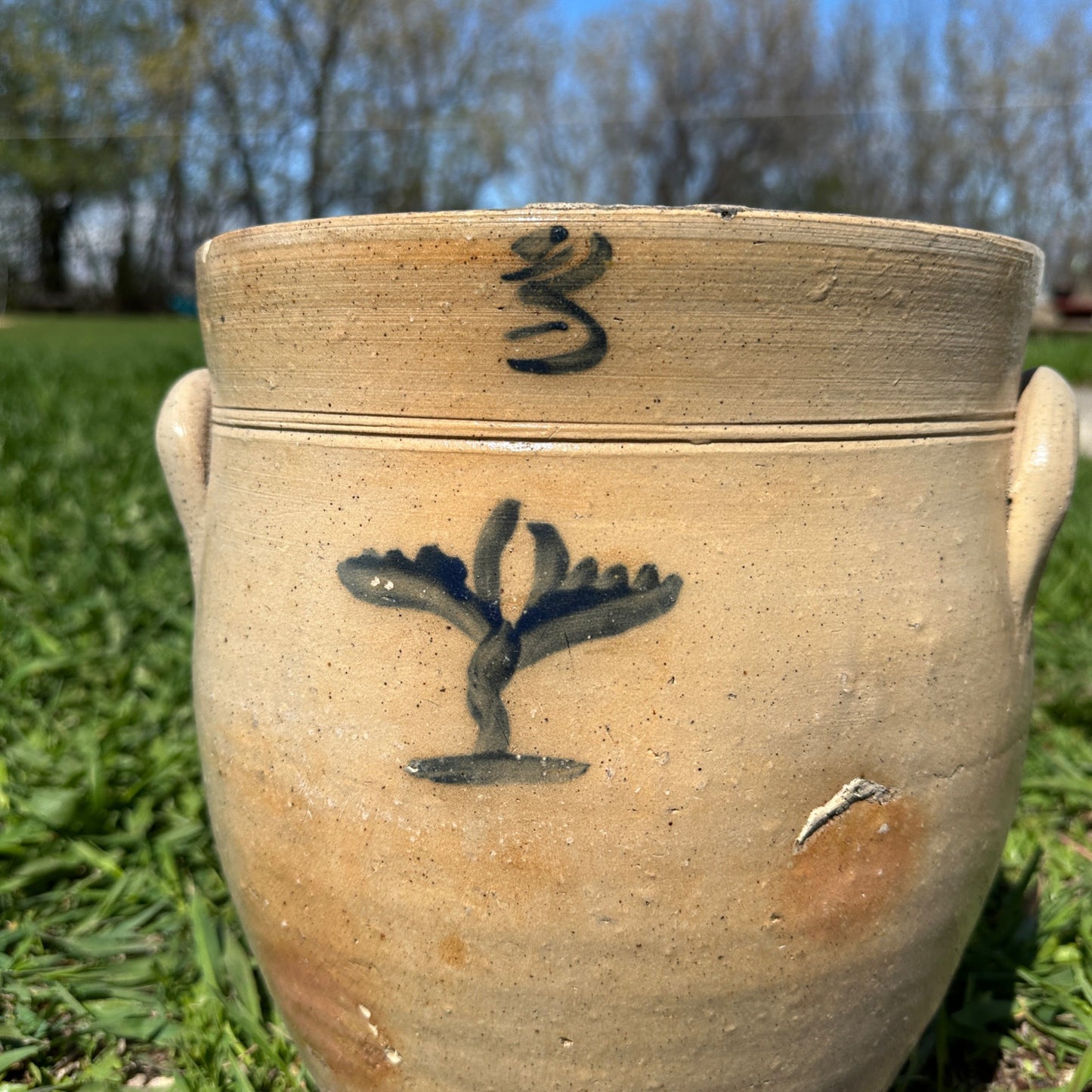 Antique 3 Gallon Stoneware Salt Glazed Ohio Crock Boston Cobalt Decorated