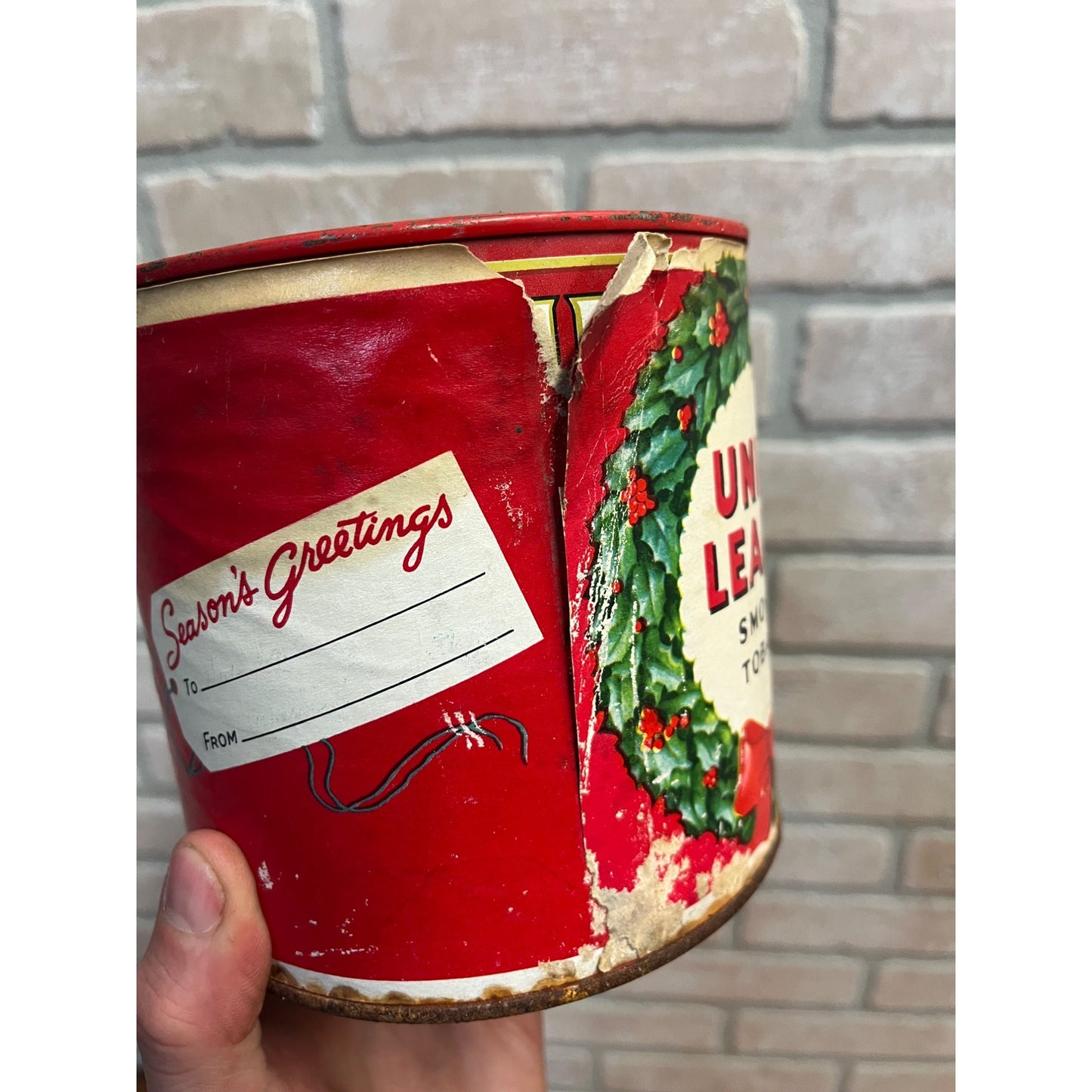 Vintage Union Leader Season's Greetings Smoking Tobacco Tin Can Christmas EMPTY