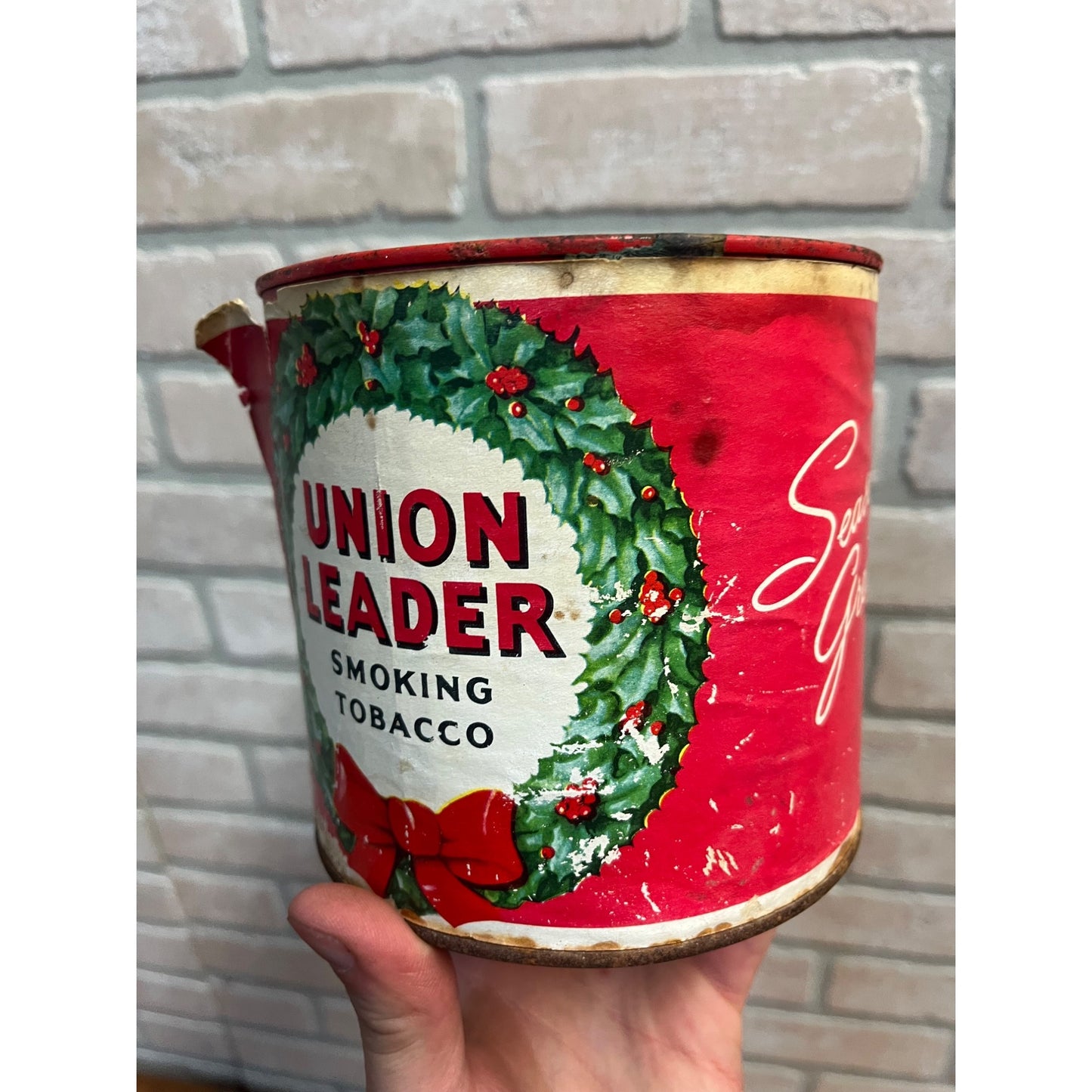 Vintage Union Leader Season's Greetings Smoking Tobacco Tin Can Christmas EMPTY