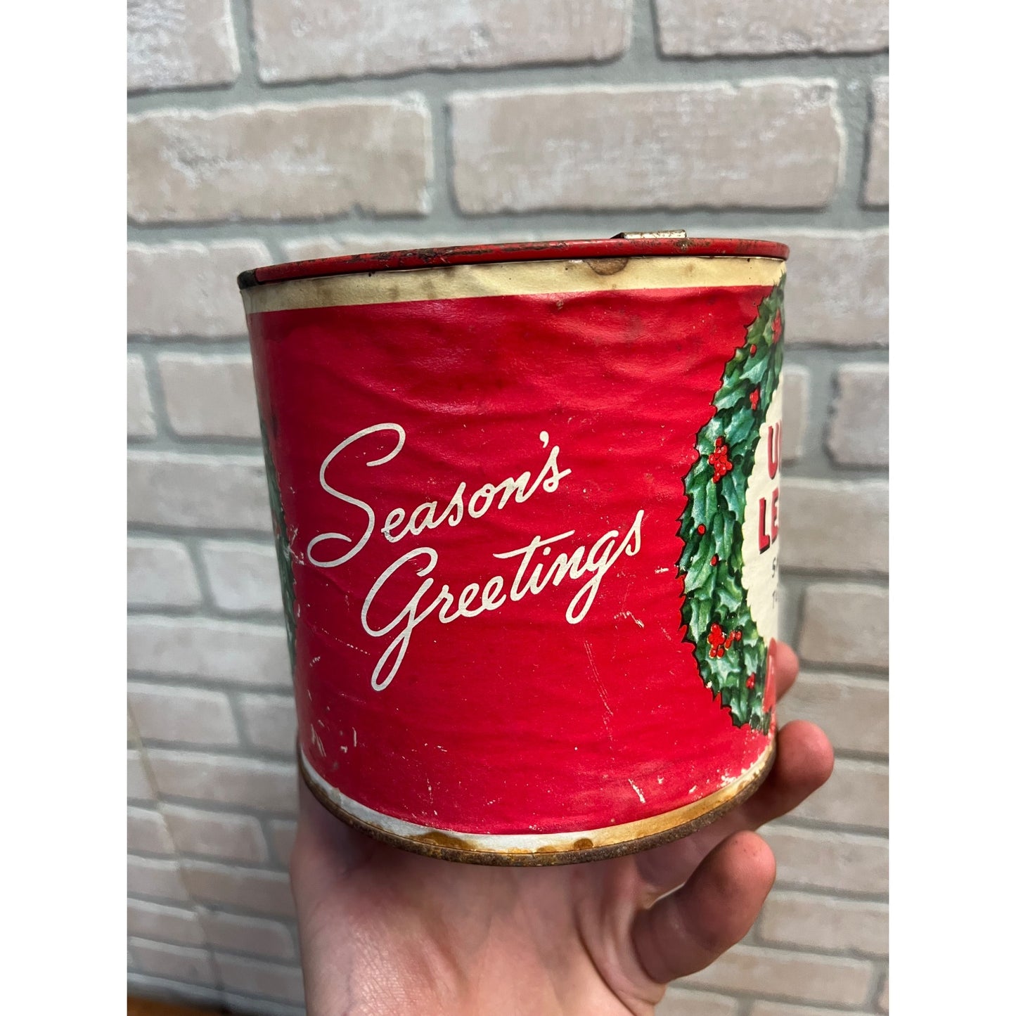 Vintage Union Leader Season's Greetings Smoking Tobacco Tin Can Christmas EMPTY