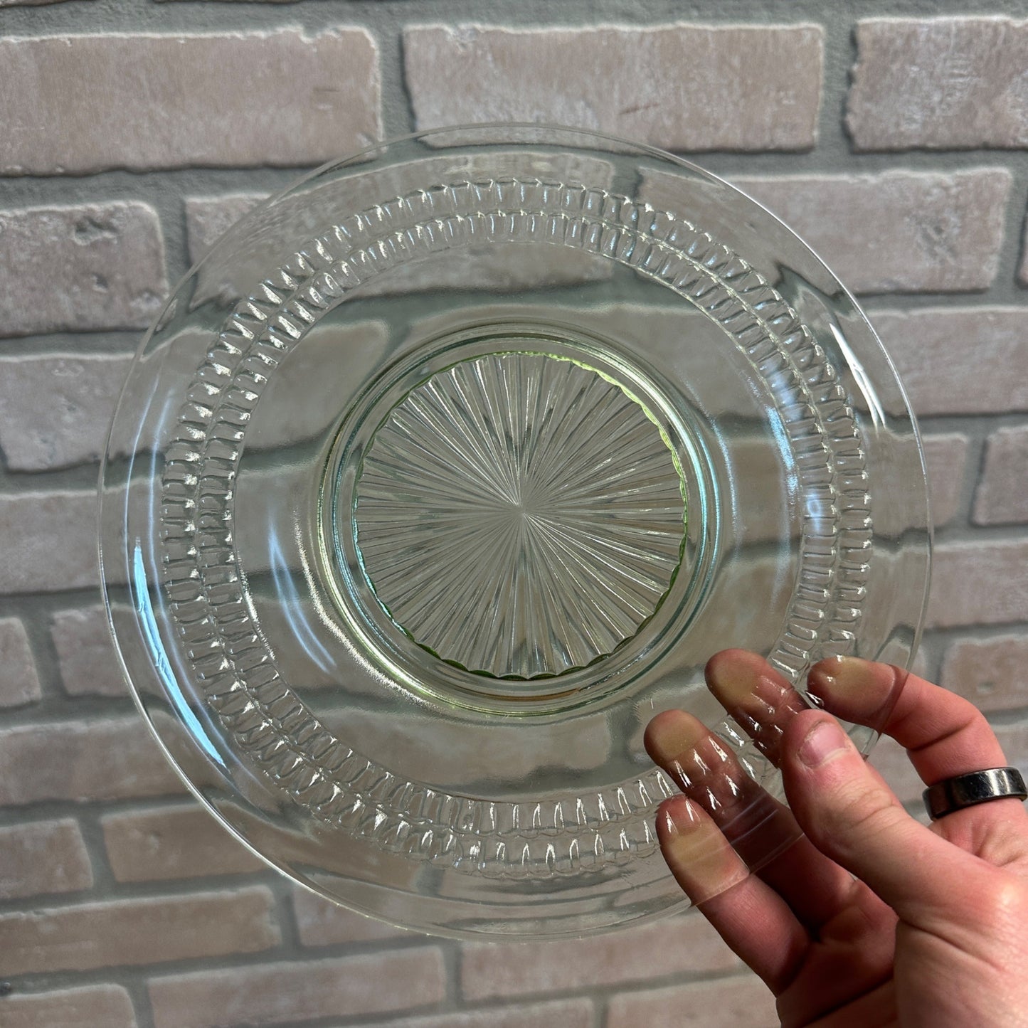 8pc Uranium Glass 6-1/4" Dessert & 8-1/2" Dinner Plate Set Green Depression Glass