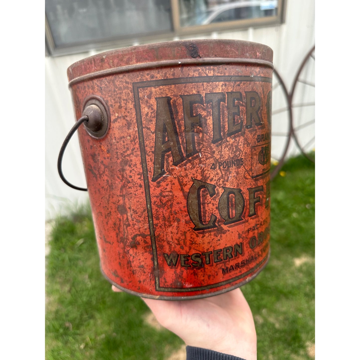 Antique After Glow Coffee Marshalltown Iowa 4lb Tin Pail Western Grocer Mills