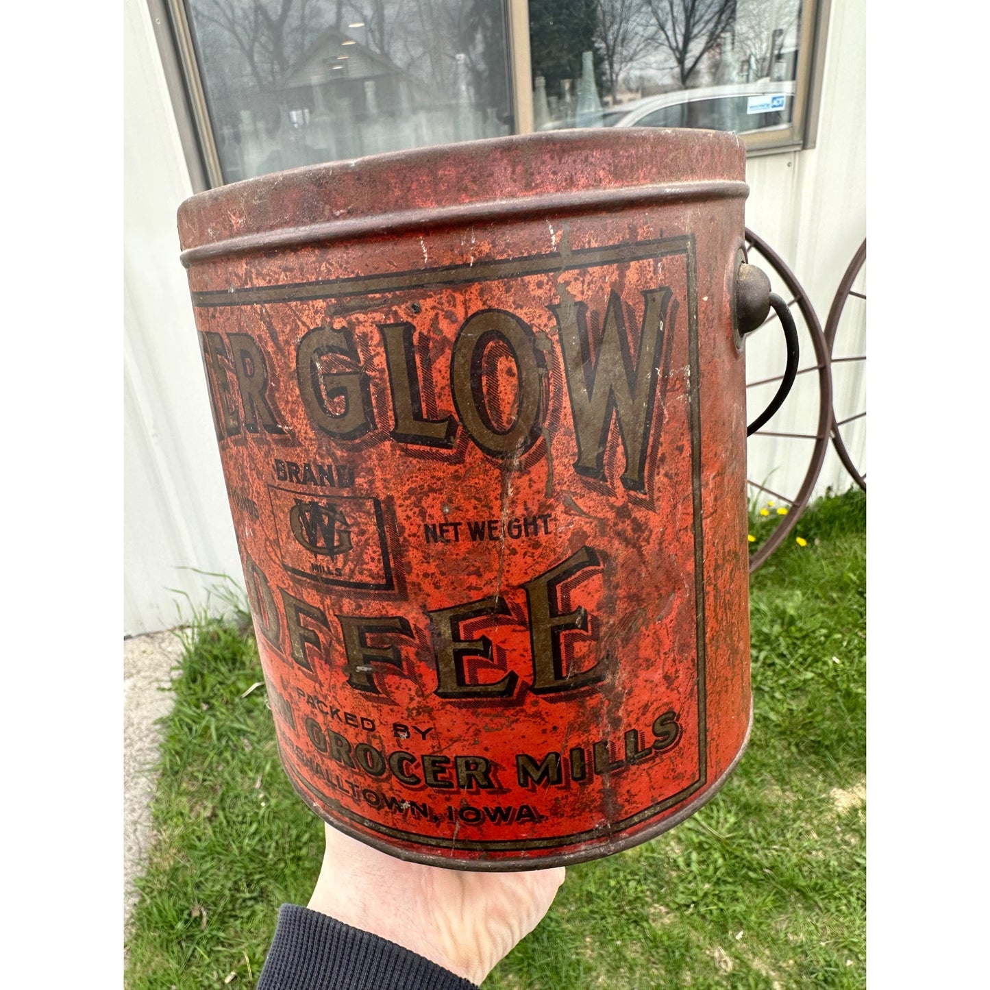 Antique After Glow Coffee Marshalltown Iowa 4lb Tin Pail Western Grocer Mills