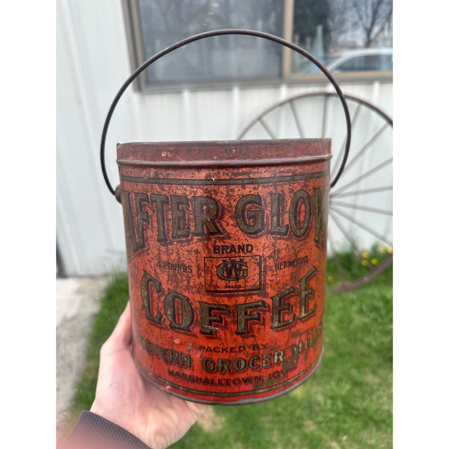 Antique After Glow Coffee Marshalltown Iowa 4lb Tin Pail Western Grocer Mills