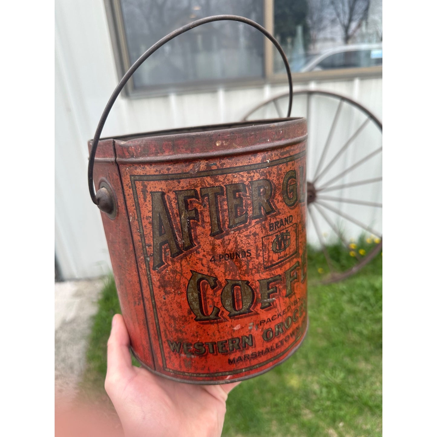 Antique After Glow Coffee Marshalltown Iowa 4lb Tin Pail Western Grocer Mills