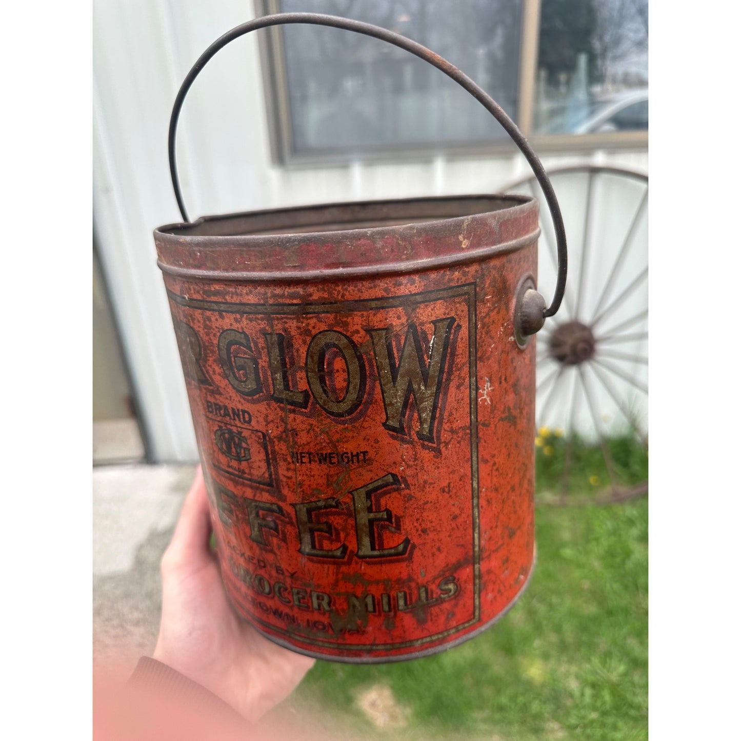 Antique After Glow Coffee Marshalltown Iowa 4lb Tin Pail Western Grocer Mills