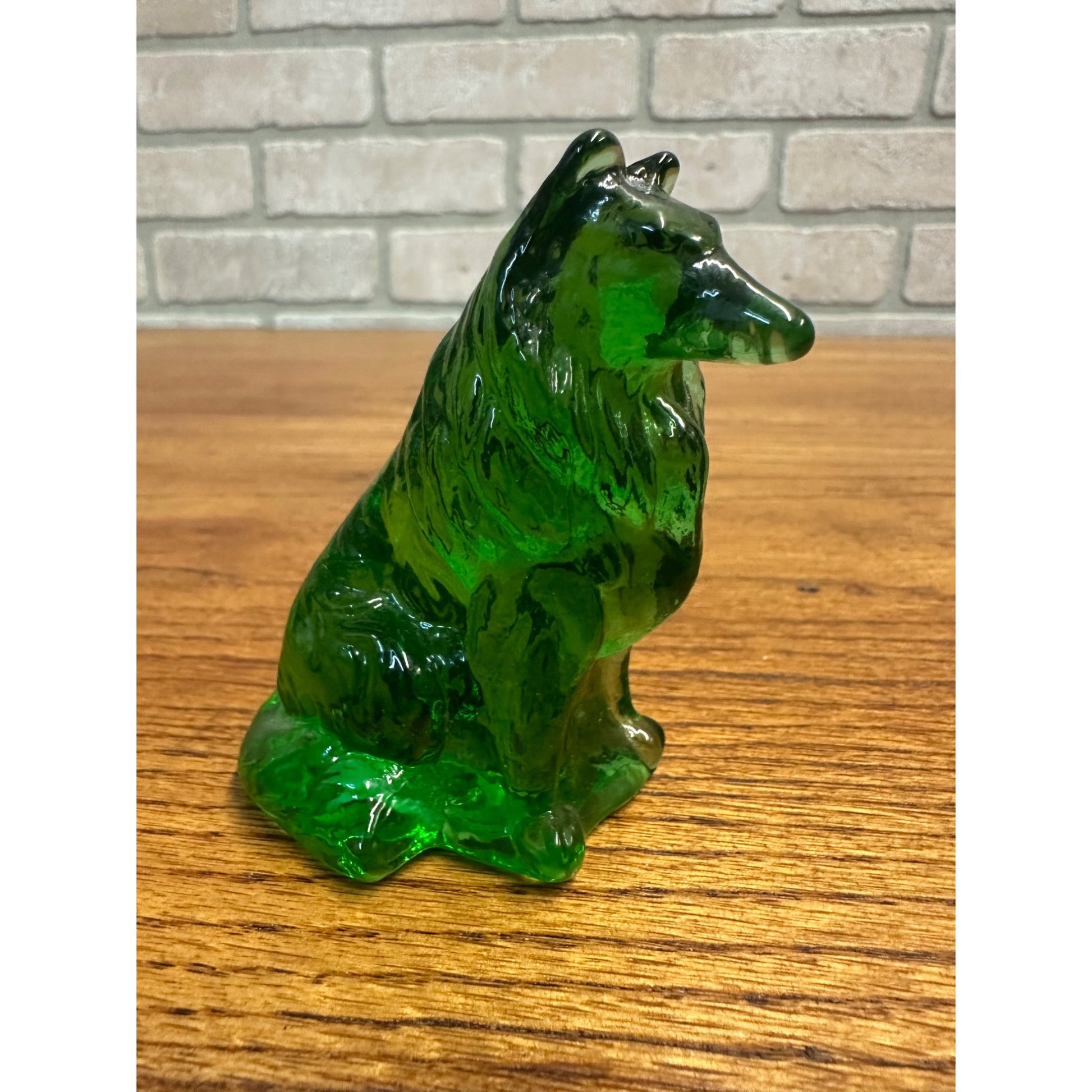 Vintage Mosser Art Glass 3" Sitting Collie Dog Figurine Emerald Green