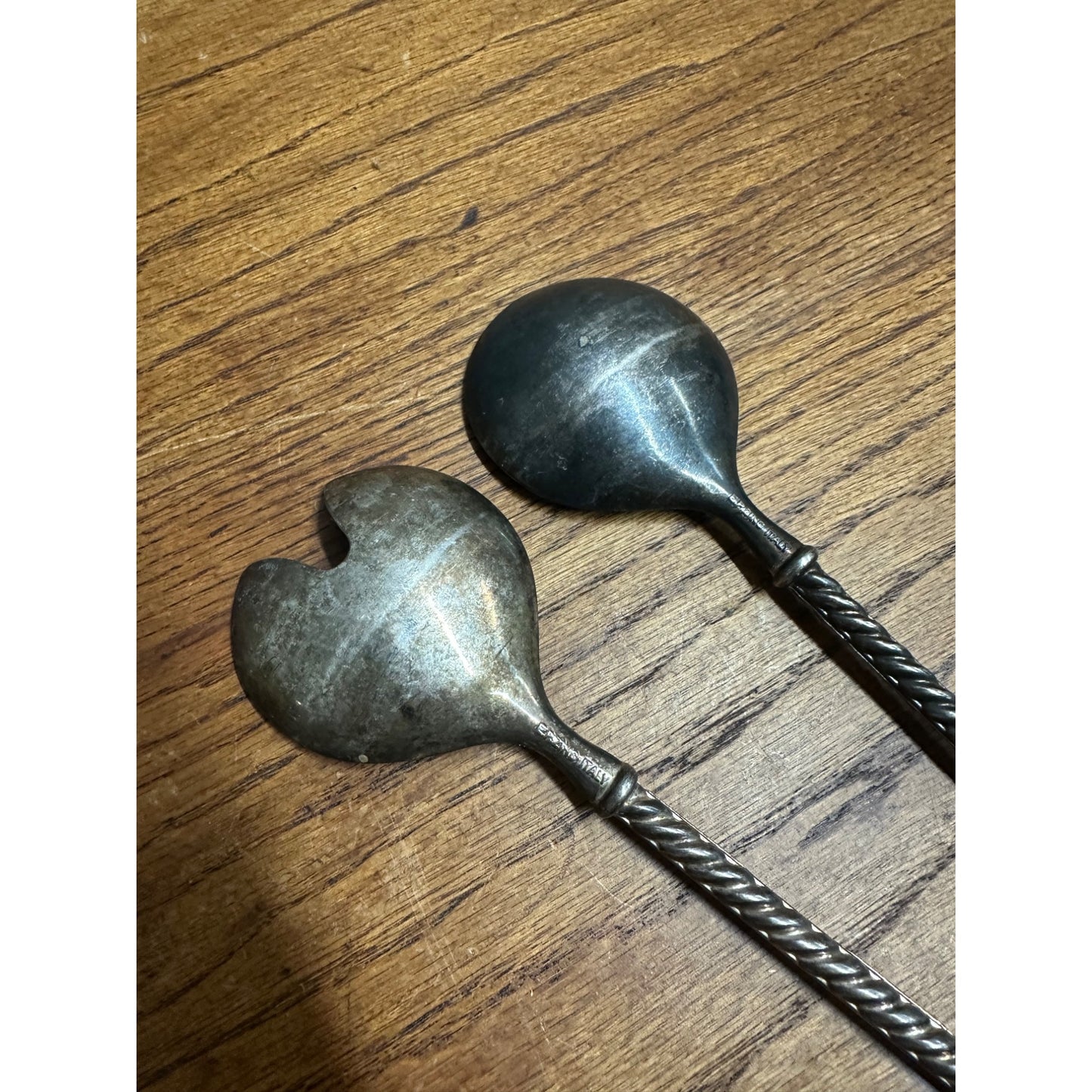 Vintage Italian Silver EP Zinc 9.5” Twist Handle Serving Spoon & Fork