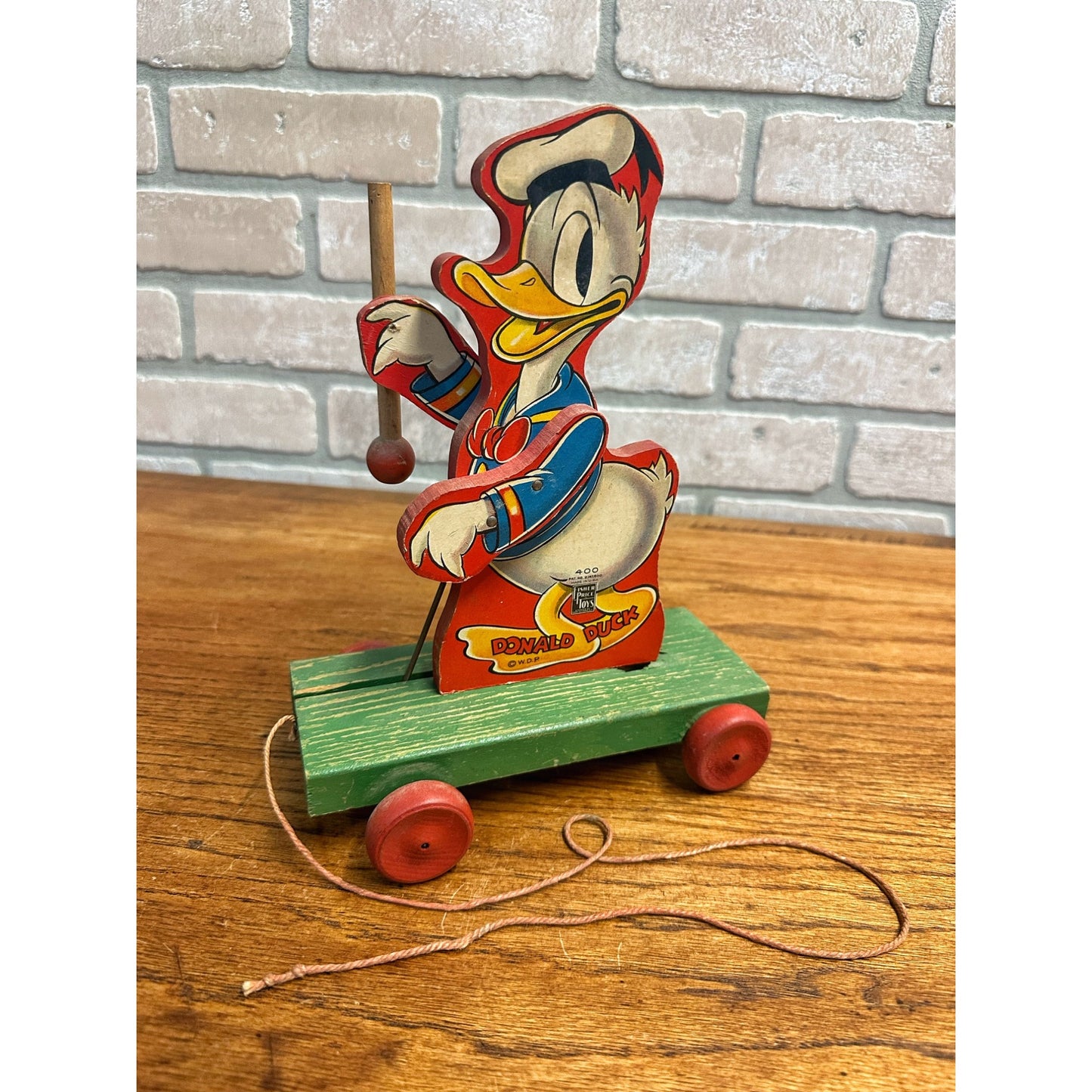 Vintage 1940s Fisher Price Donald Duck Drum Major Pull Toy #400 Wooden