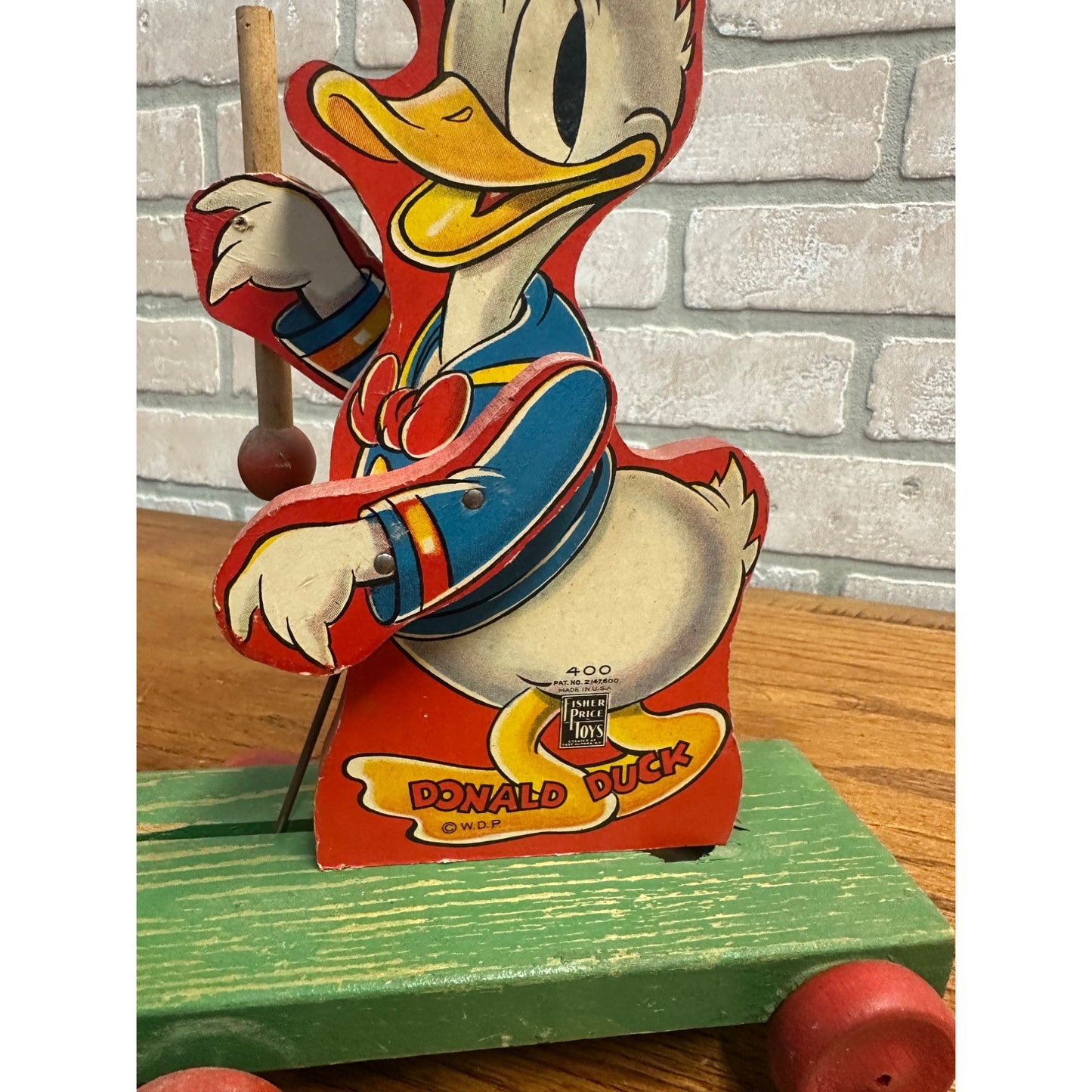 Vintage 1940s Fisher Price Donald Duck Drum Major Pull Toy #400 Wooden