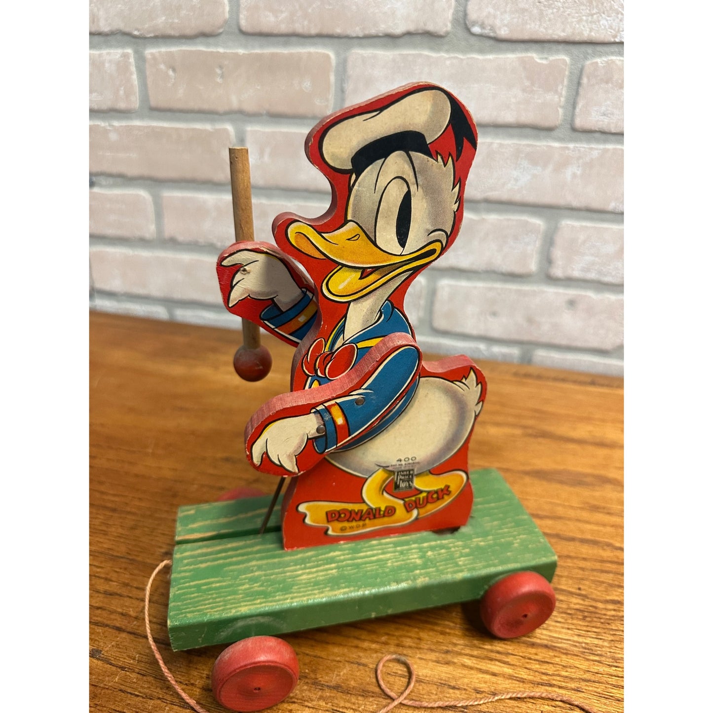 Vintage 1940s Fisher Price Donald Duck Drum Major Pull Toy #400 Wooden
