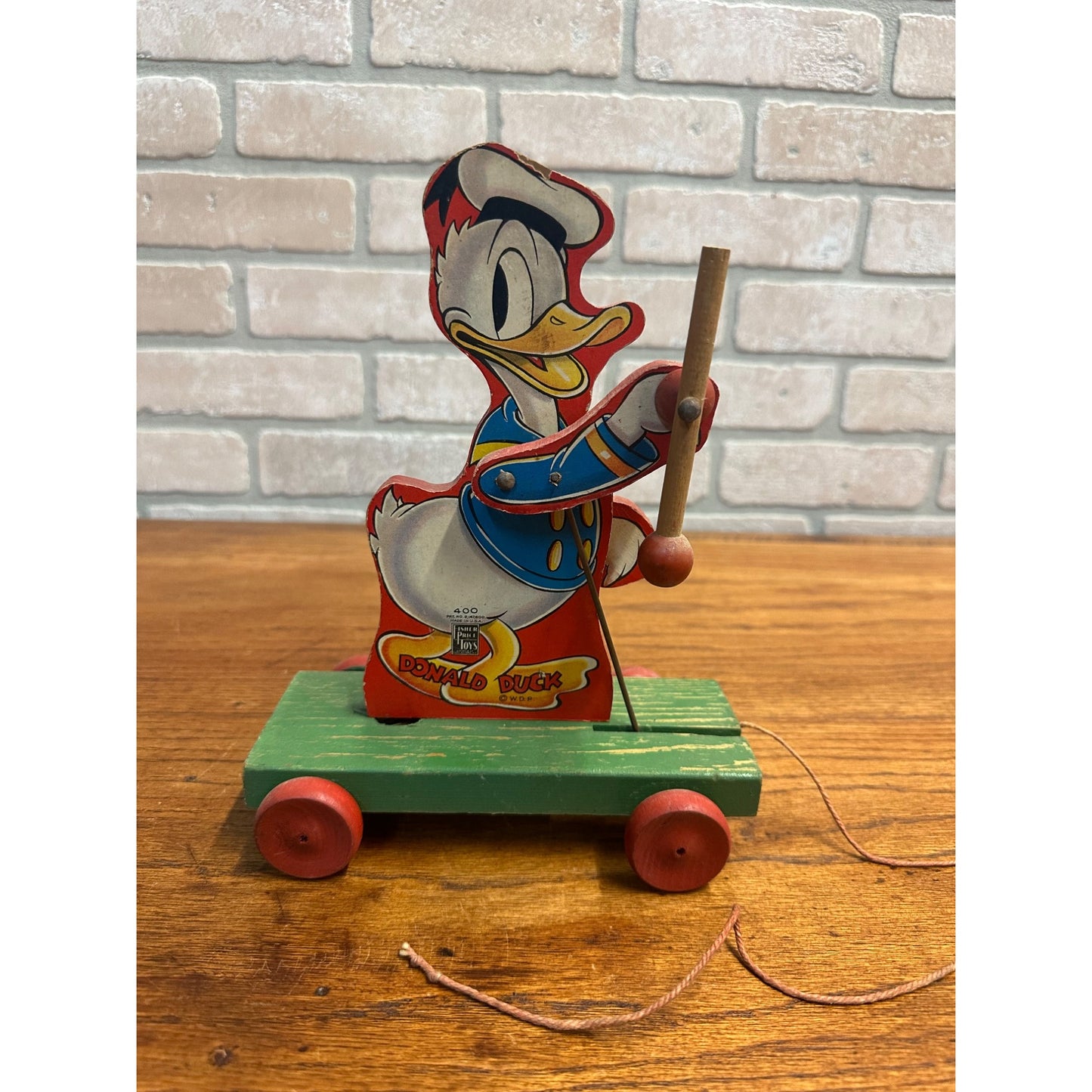 Vintage 1940s Fisher Price Donald Duck Drum Major Pull Toy #400 Wooden