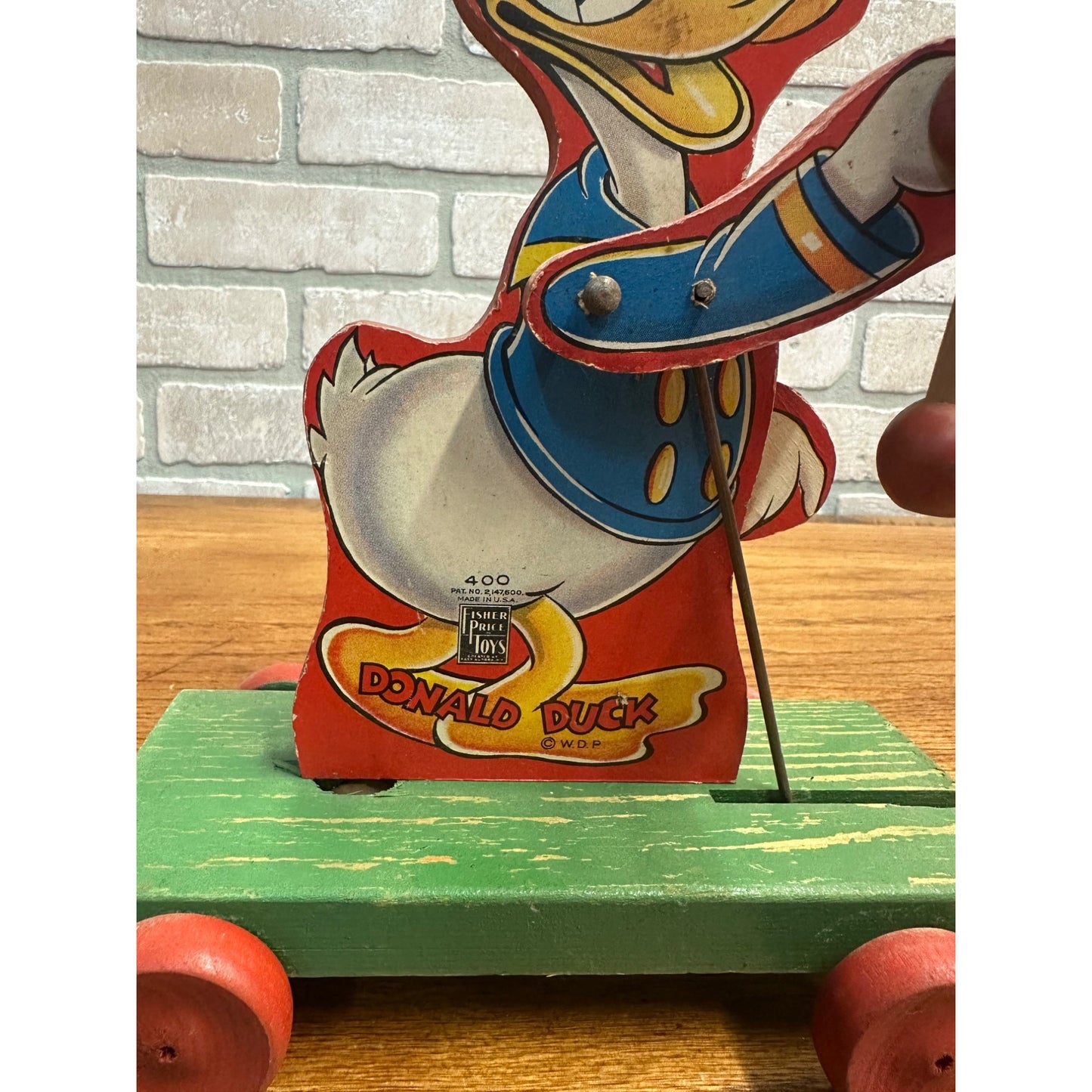 Vintage 1940s Fisher Price Donald Duck Drum Major Pull Toy #400 Wooden