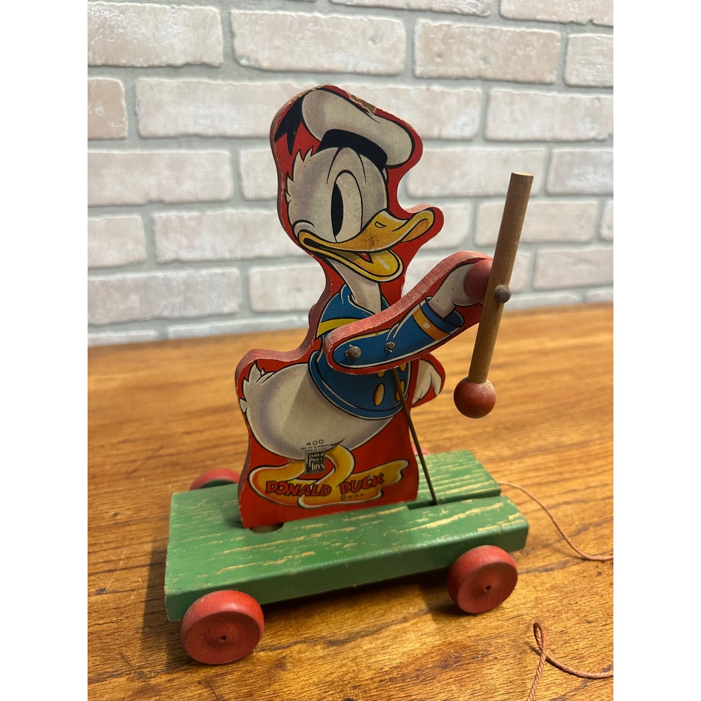 Vintage 1940s Fisher Price Donald Duck Drum Major Pull Toy #400 Wooden