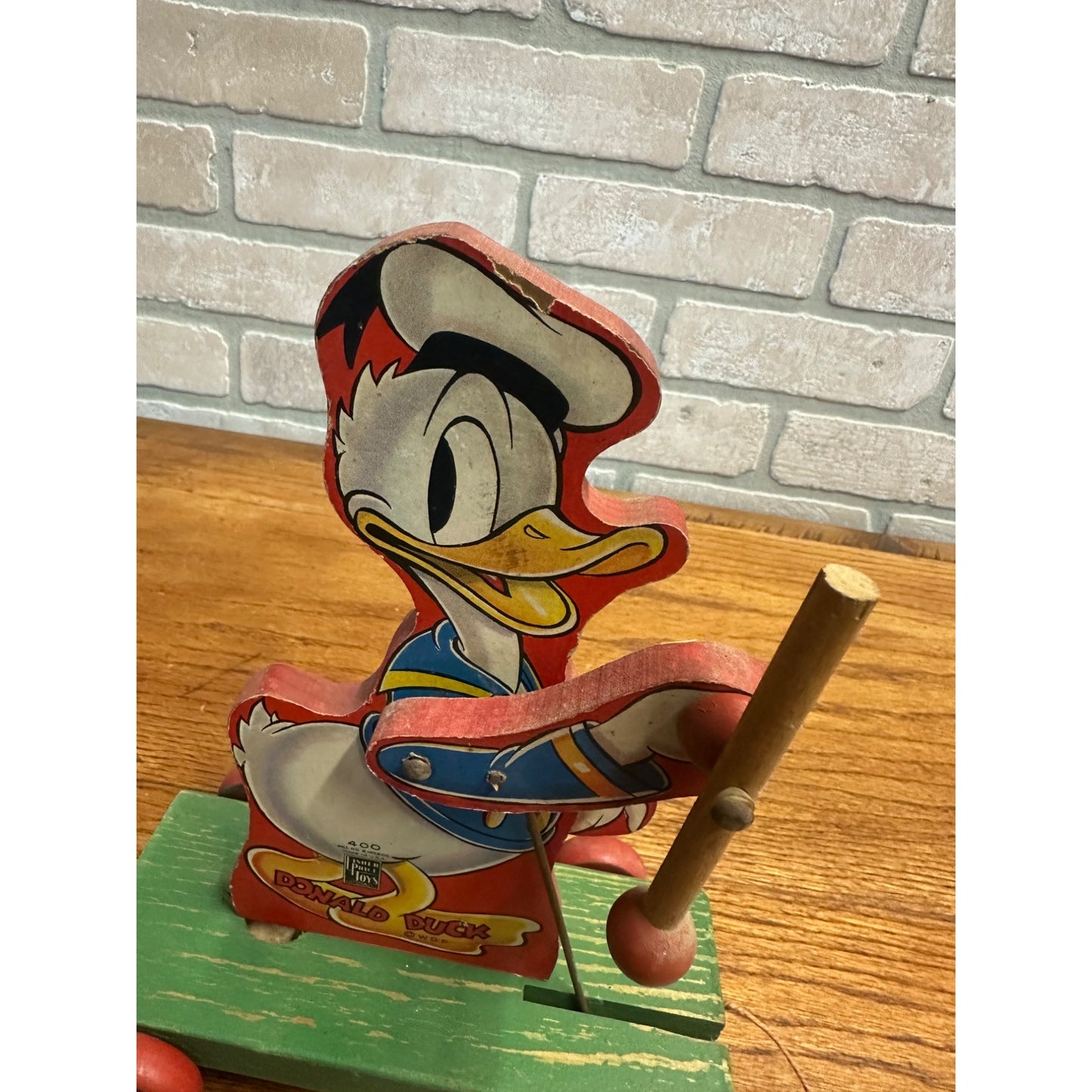 Vintage 1940s Fisher Price Donald Duck Drum Major Pull Toy #400 Wooden